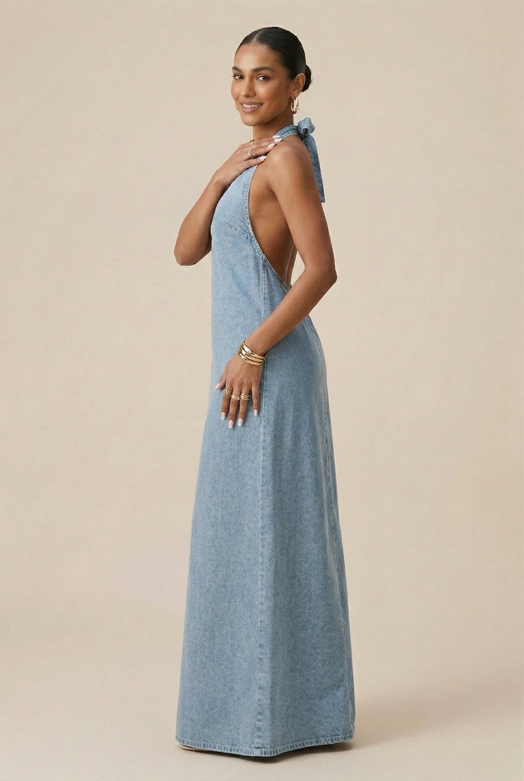 Women’s Halter Denim Maxi Dress – Sleeveless Button-Front