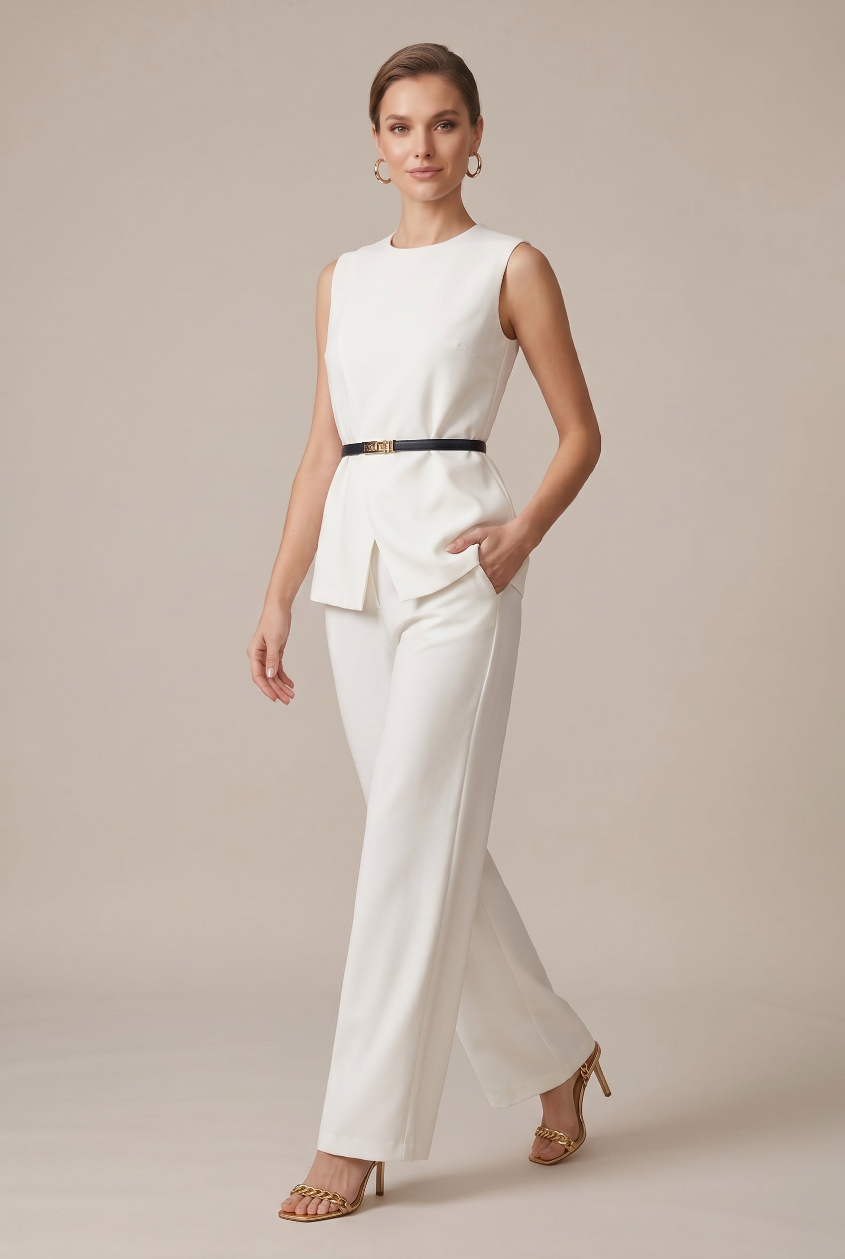 Women's Sleeveless Two-Piece Pants Suit – Casual Solid Color Elastic Waist Top & Full-Length Trousers Set