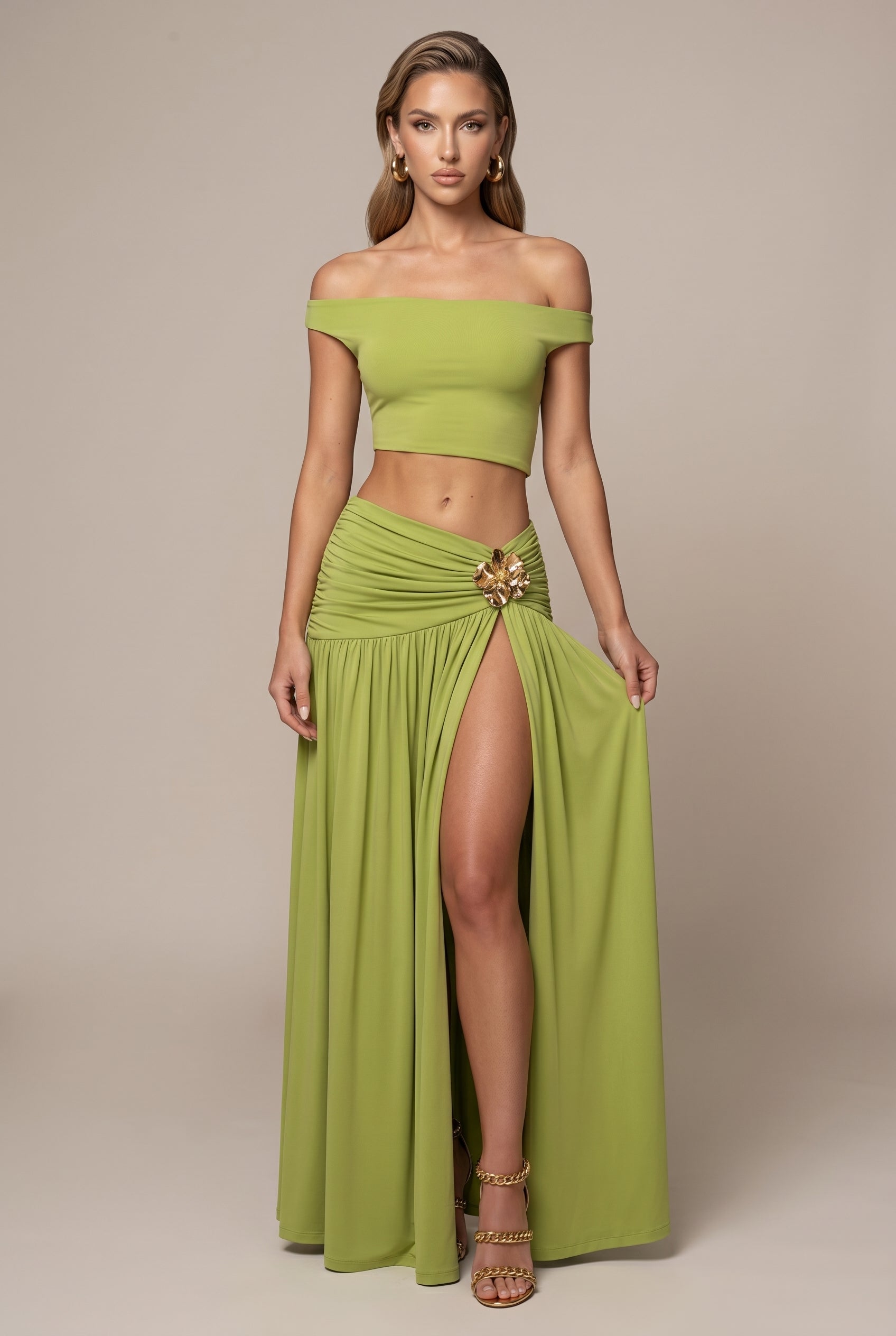 Women's Off-Shoulder Crop Top & High-Slit Maxi Skirt Two-Piece Set – Slim Fit Pleated Bodycon Co-Ord