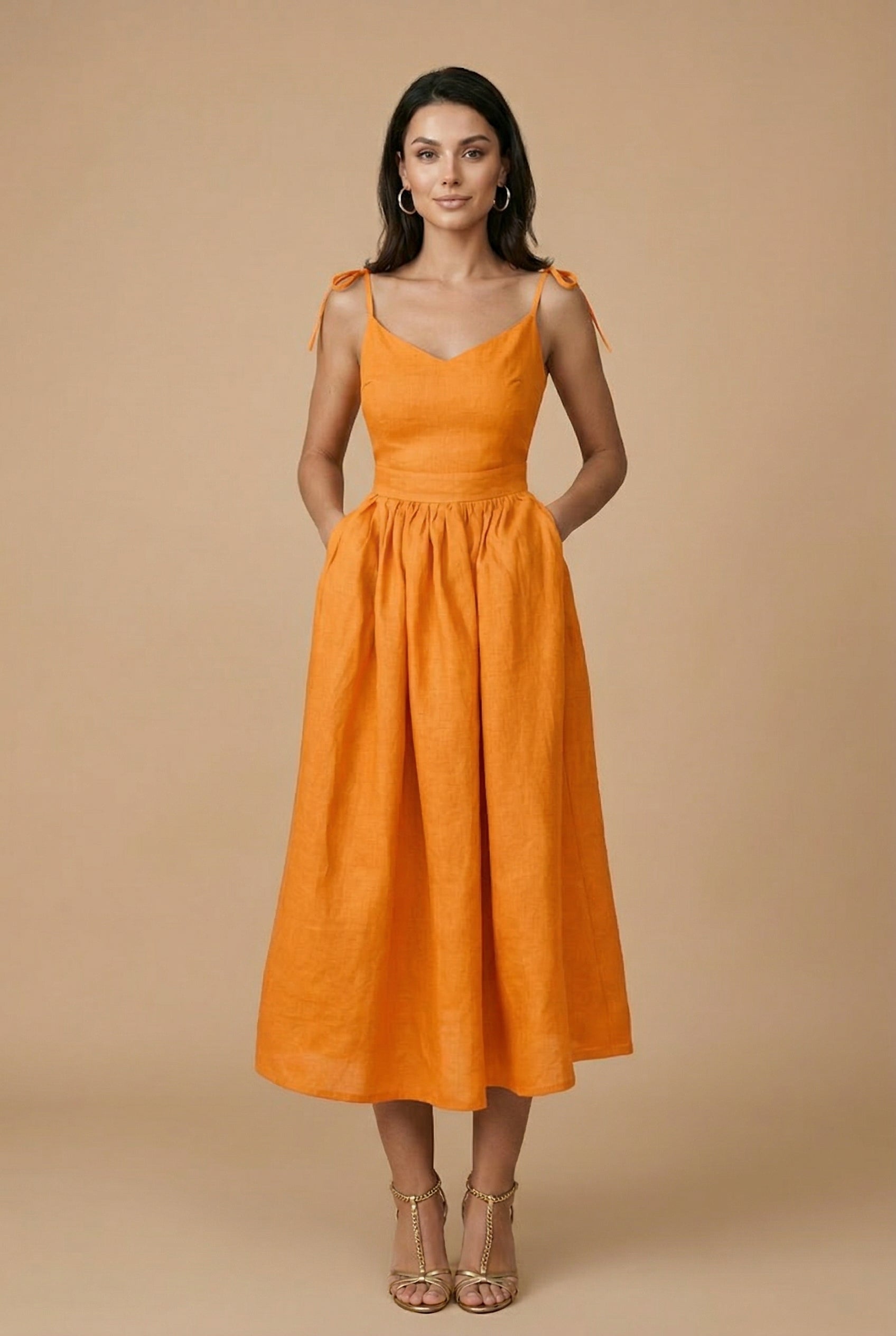 Women’s Cotton Linen Sleeveless Suspender Dress – High Waist, V-Neck, Tie Front