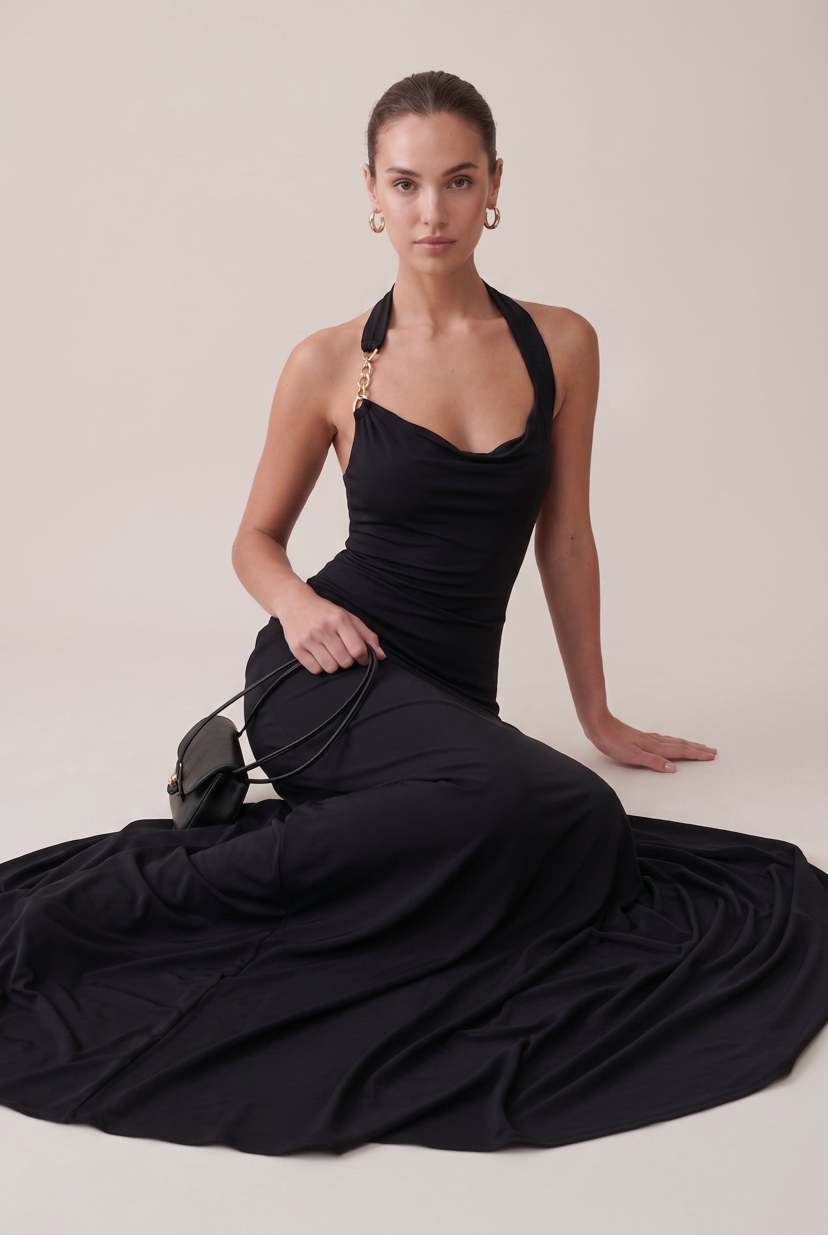 Women's Black Halter Neck Maxi Dress – Backless Sleeveless Slim Fit Mid-Waist Evening Gown