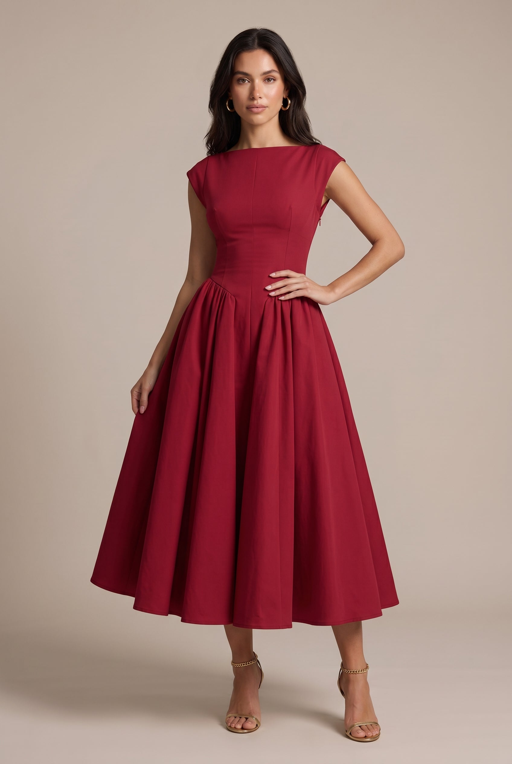 Women's Classic Open-Back Midi Dress – A-Line Waist-Cinching Sleeveless