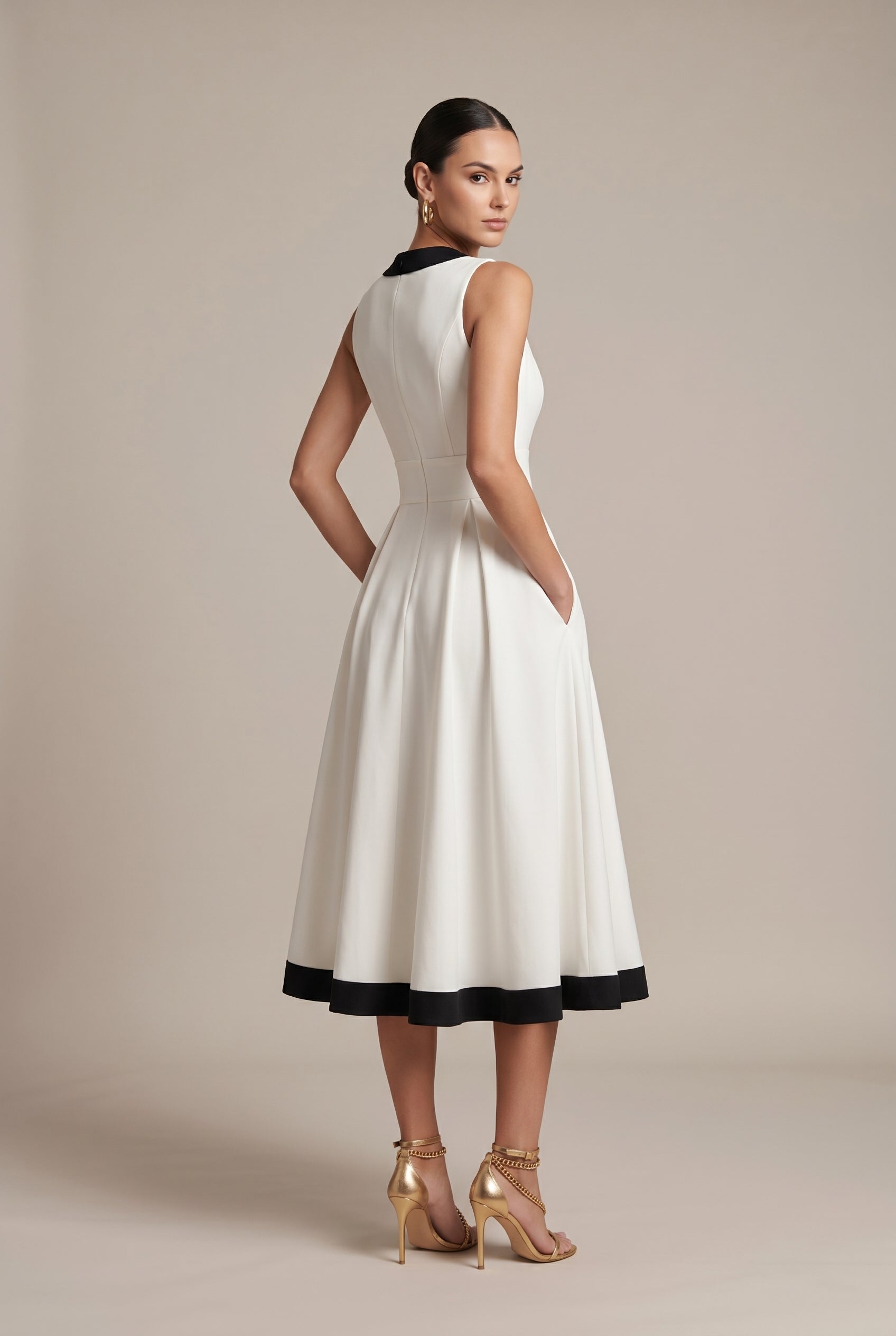Women's Color Block Sleeveless V-Neck Midi Dress – Slim Fit High-Waisted Patchwork Pullover