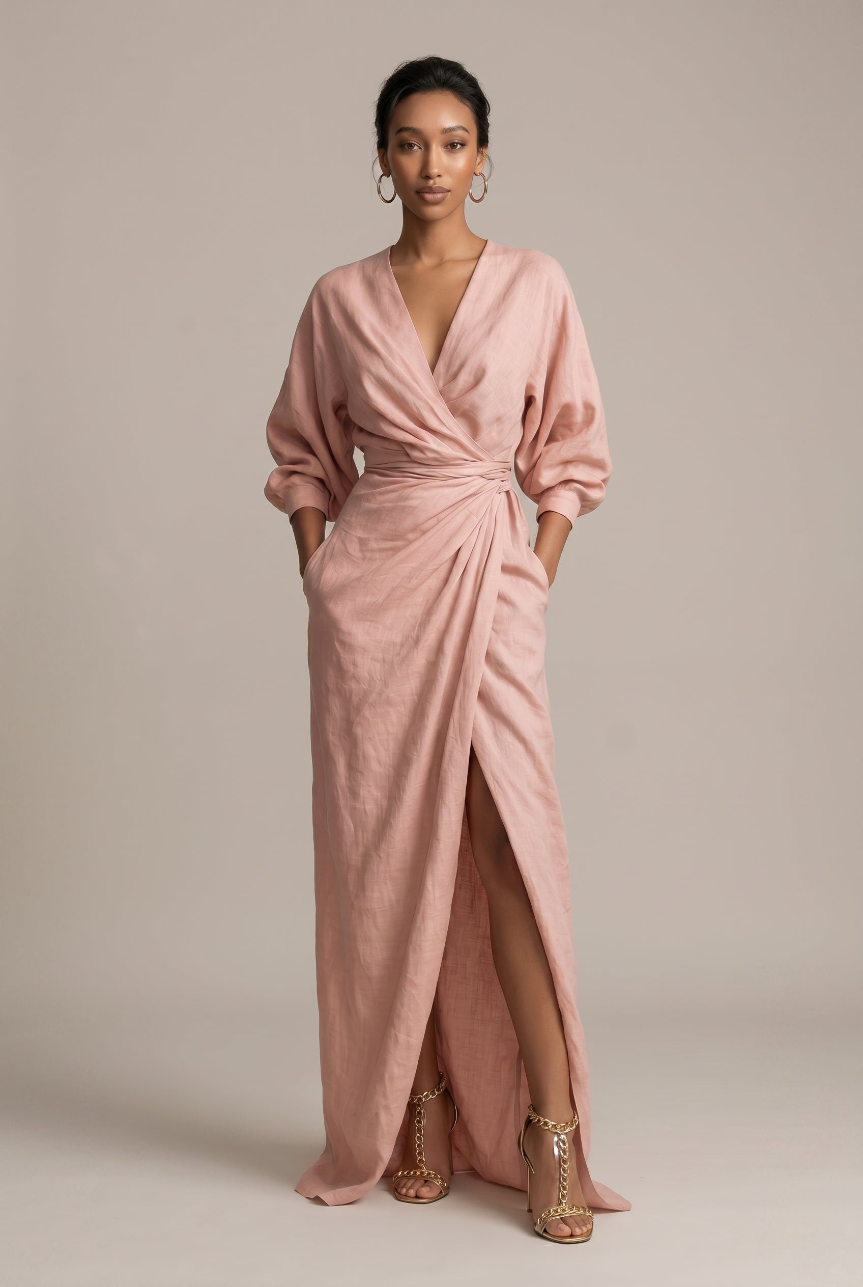 Women's V-Neck Belted Maxi Dress – Long Sleeve Side Slit Straight Skirt Formal Dress Luna Body Co