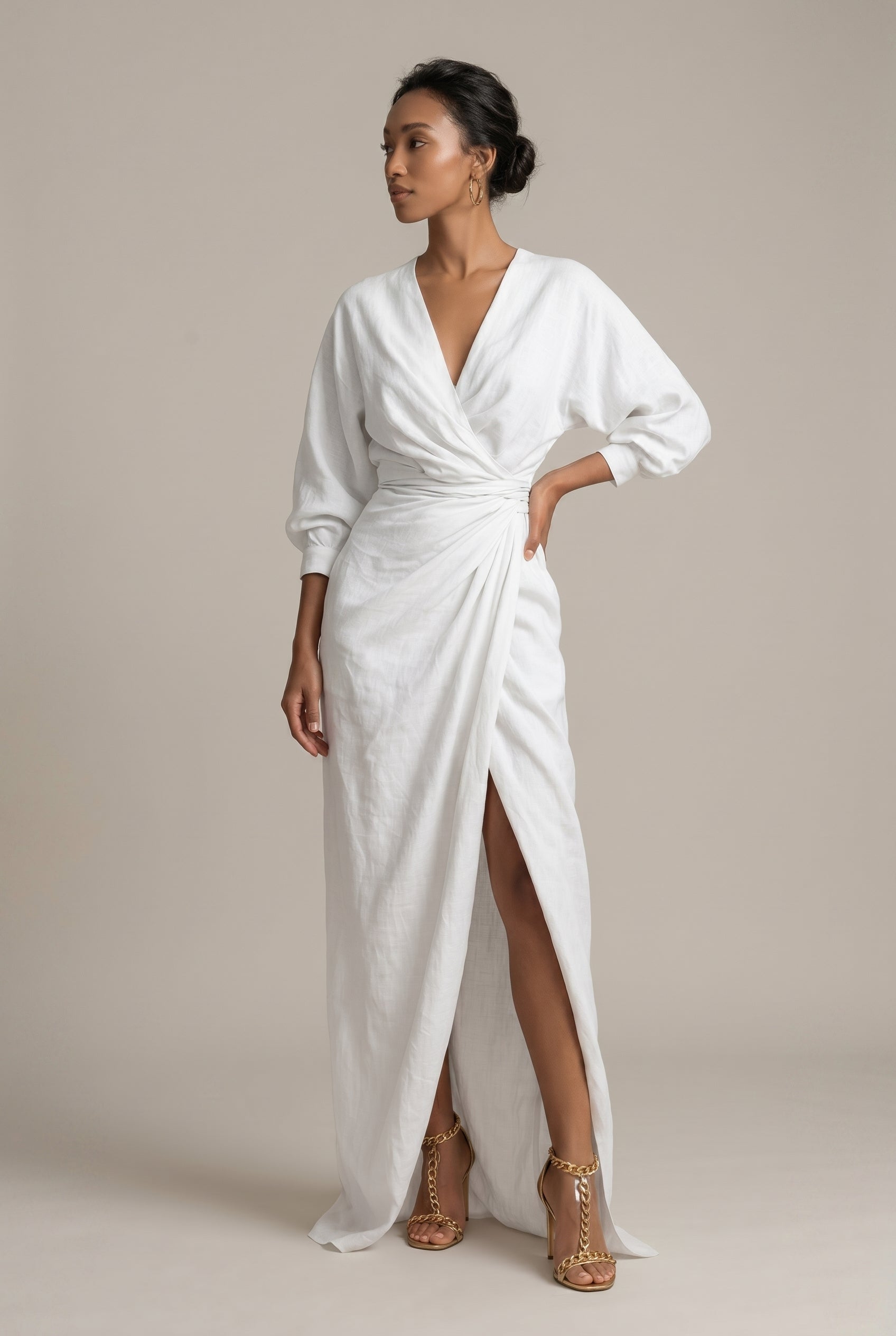 Women's V-Neck Belted Maxi Dress – Long Sleeve Side Slit Straight Skirt Formal Dress Luna Body Co