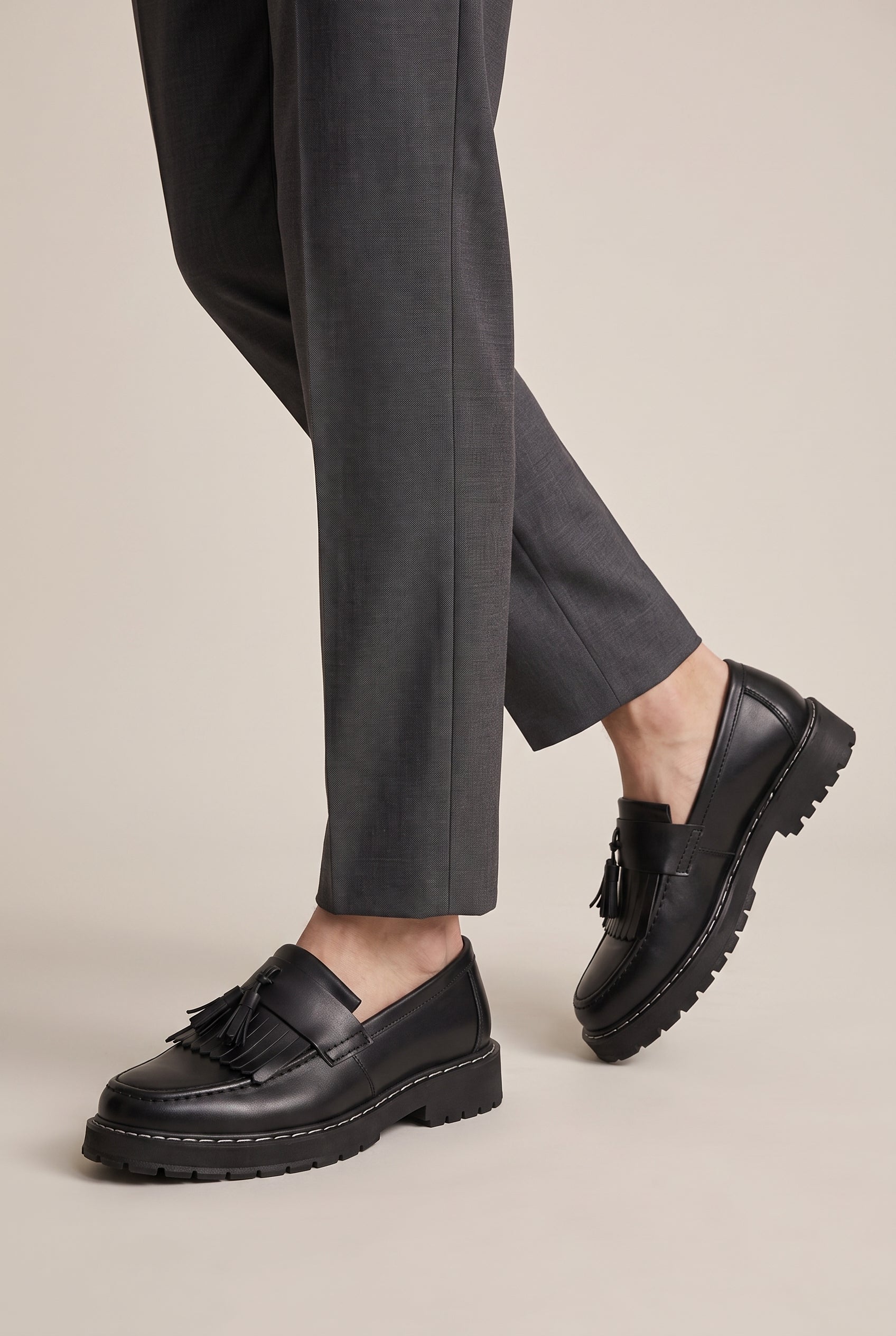 Perigee | Men's Leather Tassel Loafers Slip-On Wedge Round-Toe British Casual Shoes