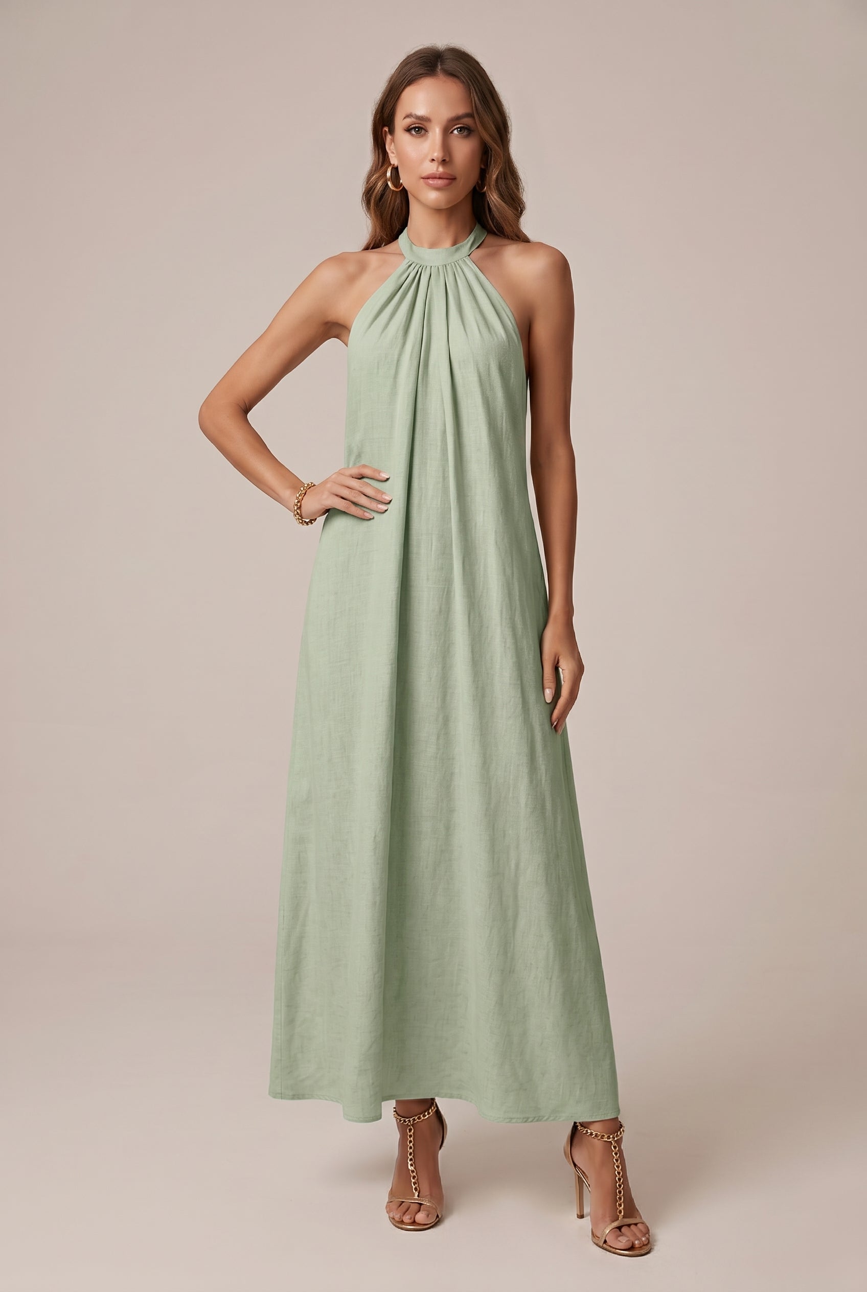 Women's Casual Solid Color Halter Neck Maxi Dress – Sleeveless Loose Fit Knit Long Slip Dress