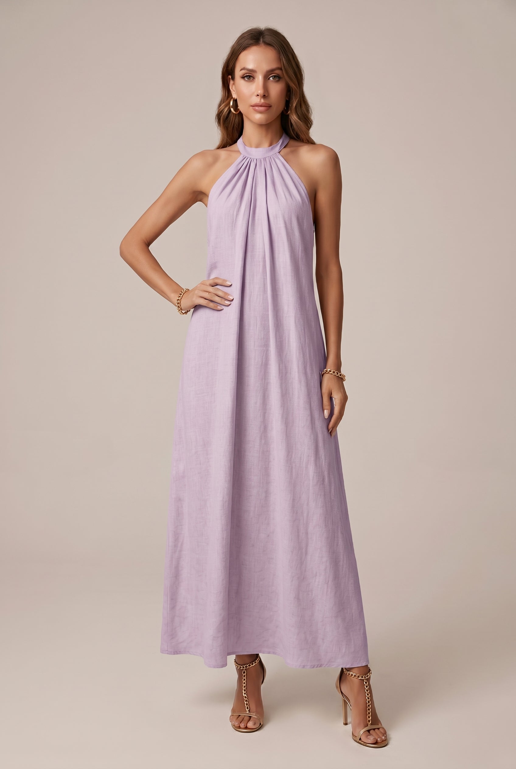 Women's Casual Solid Color Halter Neck Maxi Dress – Sleeveless Loose Fit Knit Long Slip Dress