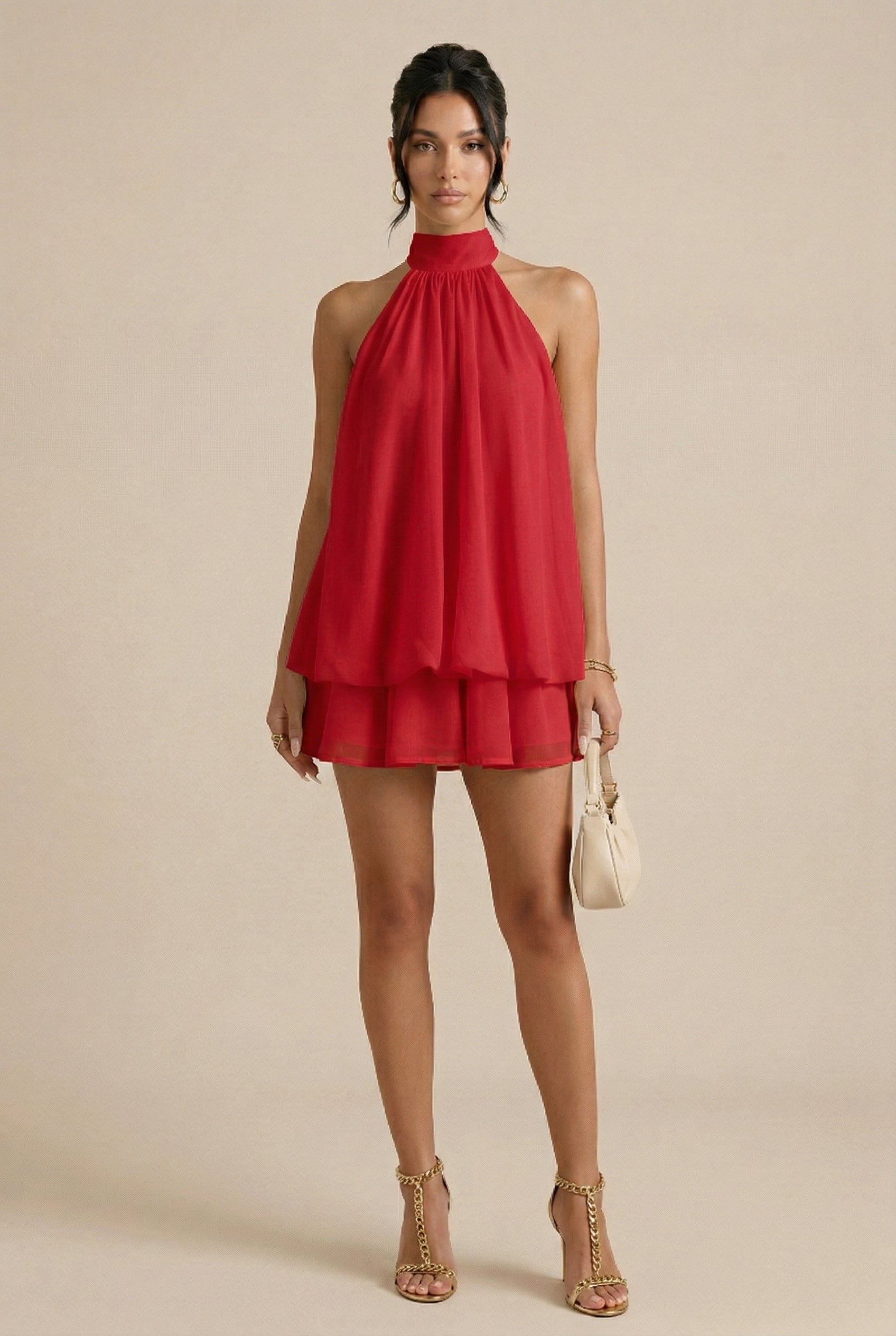 Women’s Halter Neck Backless Shruffled Dress – High Waist, A-Line Skirt, Sleeveless