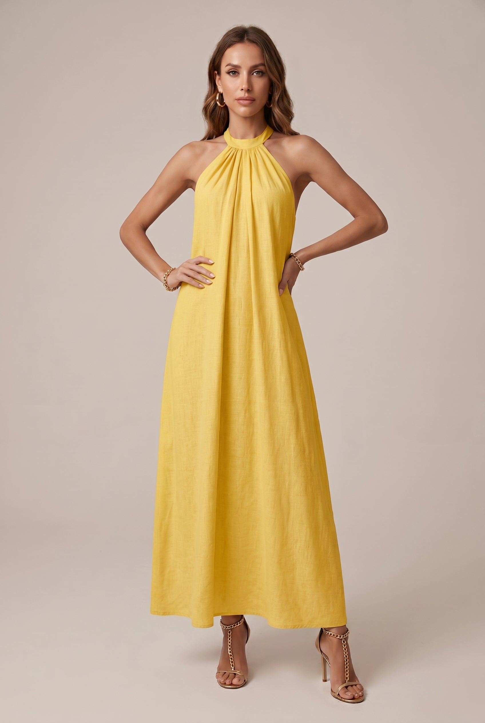 Women's Casual Solid Color Halter Neck Maxi Dress – Sleeveless Loose Fit Knit Long Slip Dress