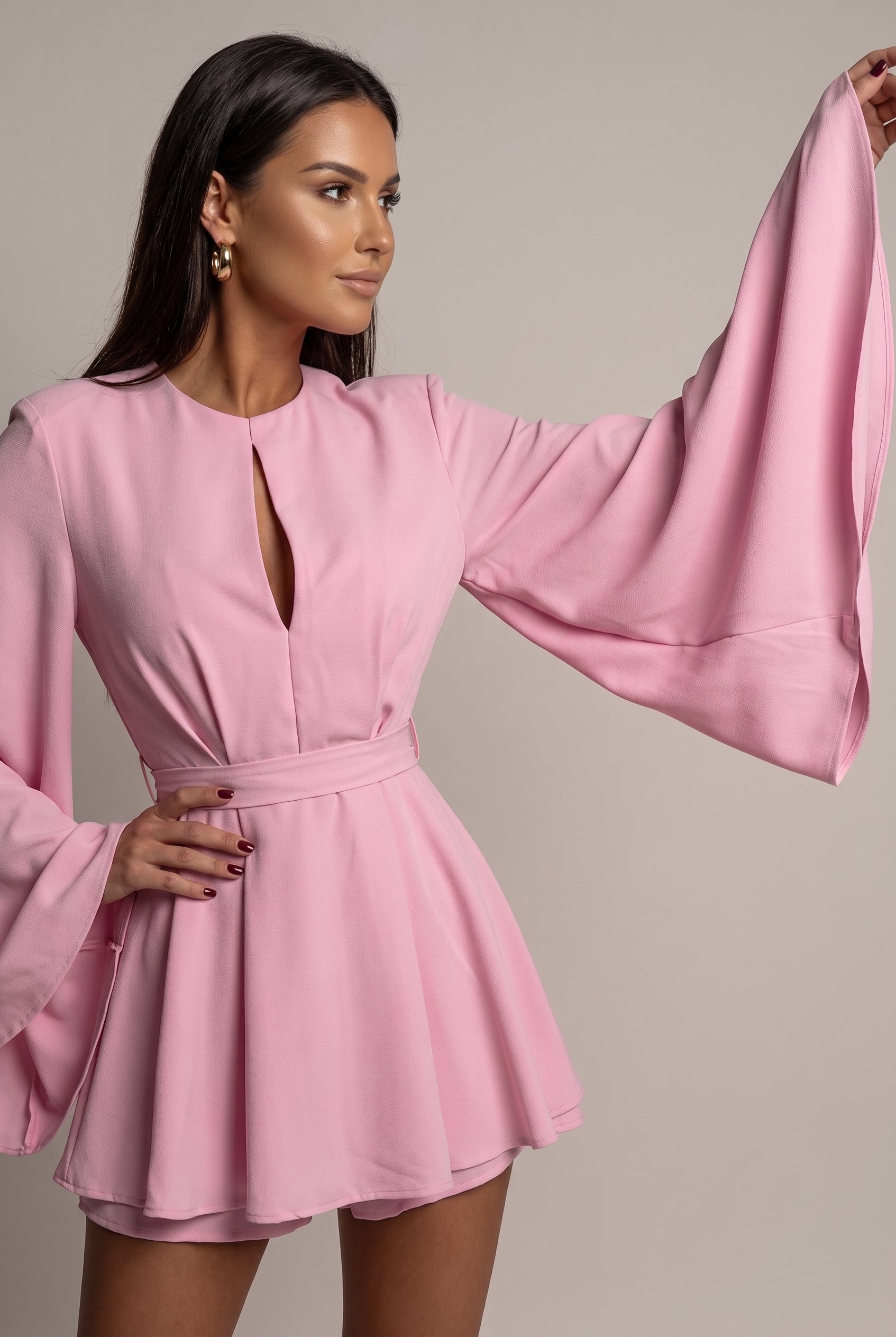 Women's Elegant Open-Back Bell Sleeve Dress – A-Line Lace-Up Waist Long Sleeve