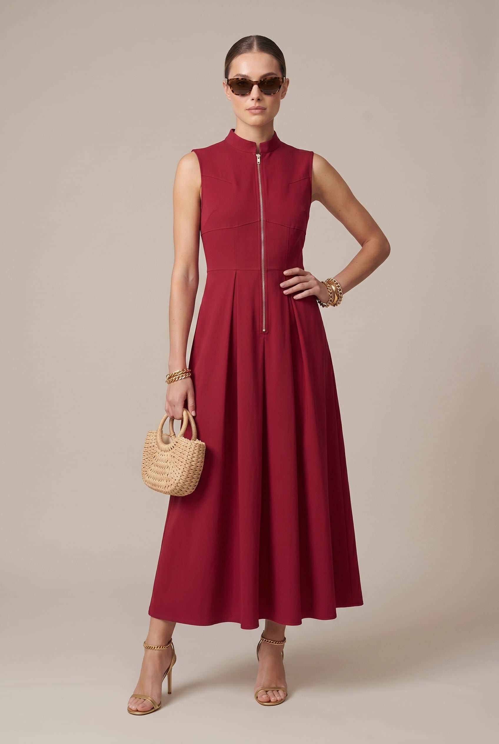 Women's A-Line Sleeveless Midi Dress – Round Neck Slim Fit French Style Solid Color