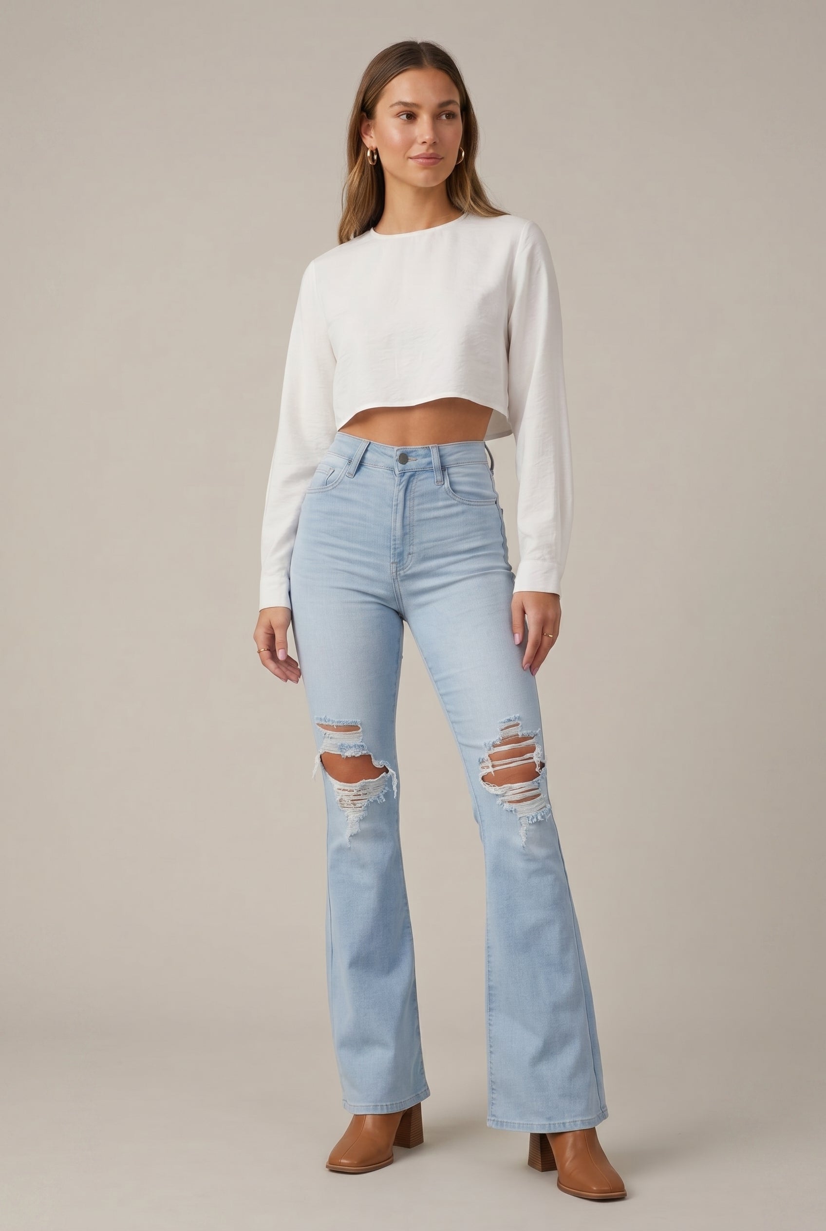Women's Distressed High-Waist Wide-Leg Denim Jeans – Ripped Flared Cowboy Trousers Luna Body Co