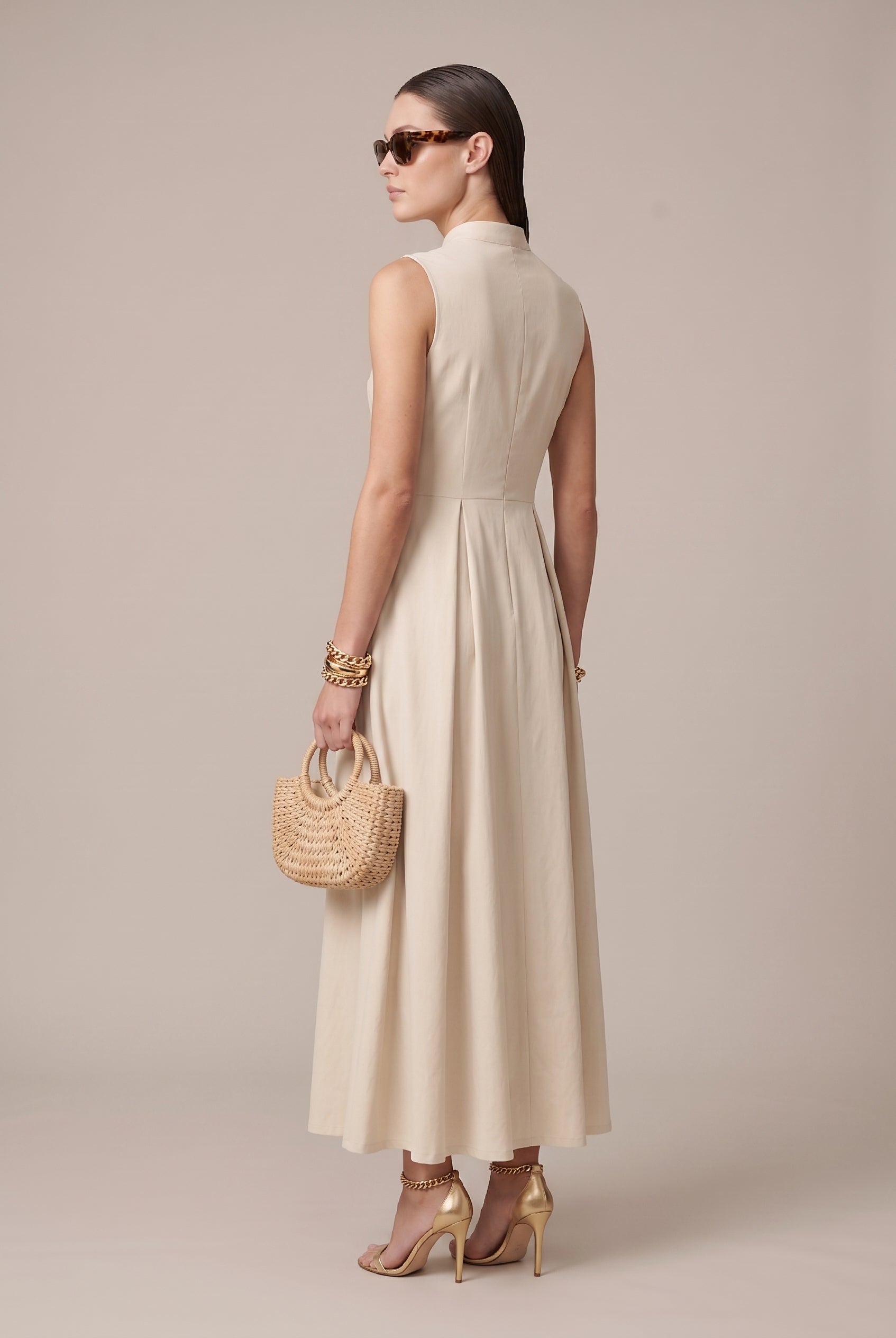 Women's A-Line Sleeveless Midi Dress – Round Neck Slim Fit French Style Solid Color