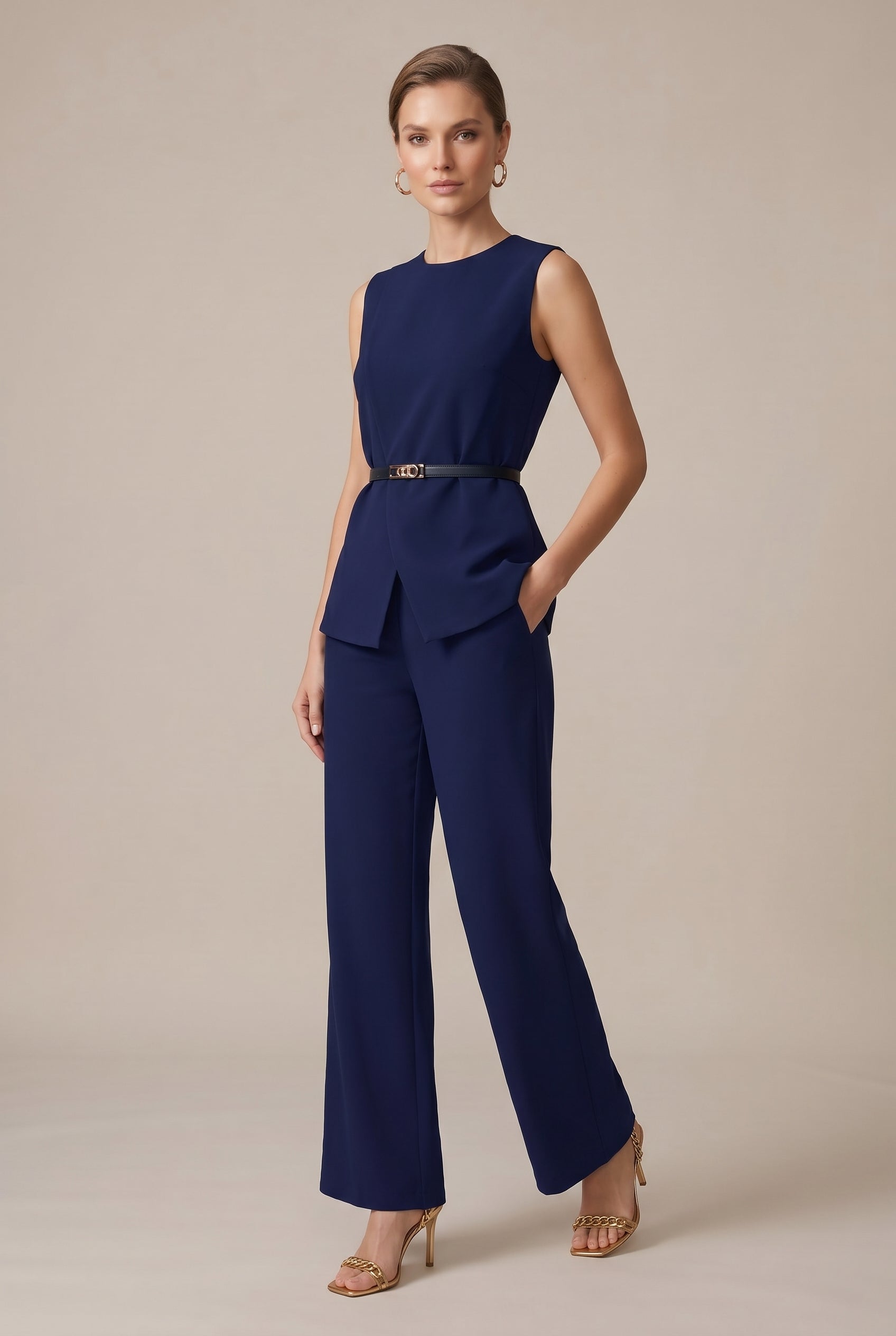 Women's Sleeveless Two-Piece Pants Suit – Casual Solid Color Elastic Waist Top & Full-Length Trousers Set