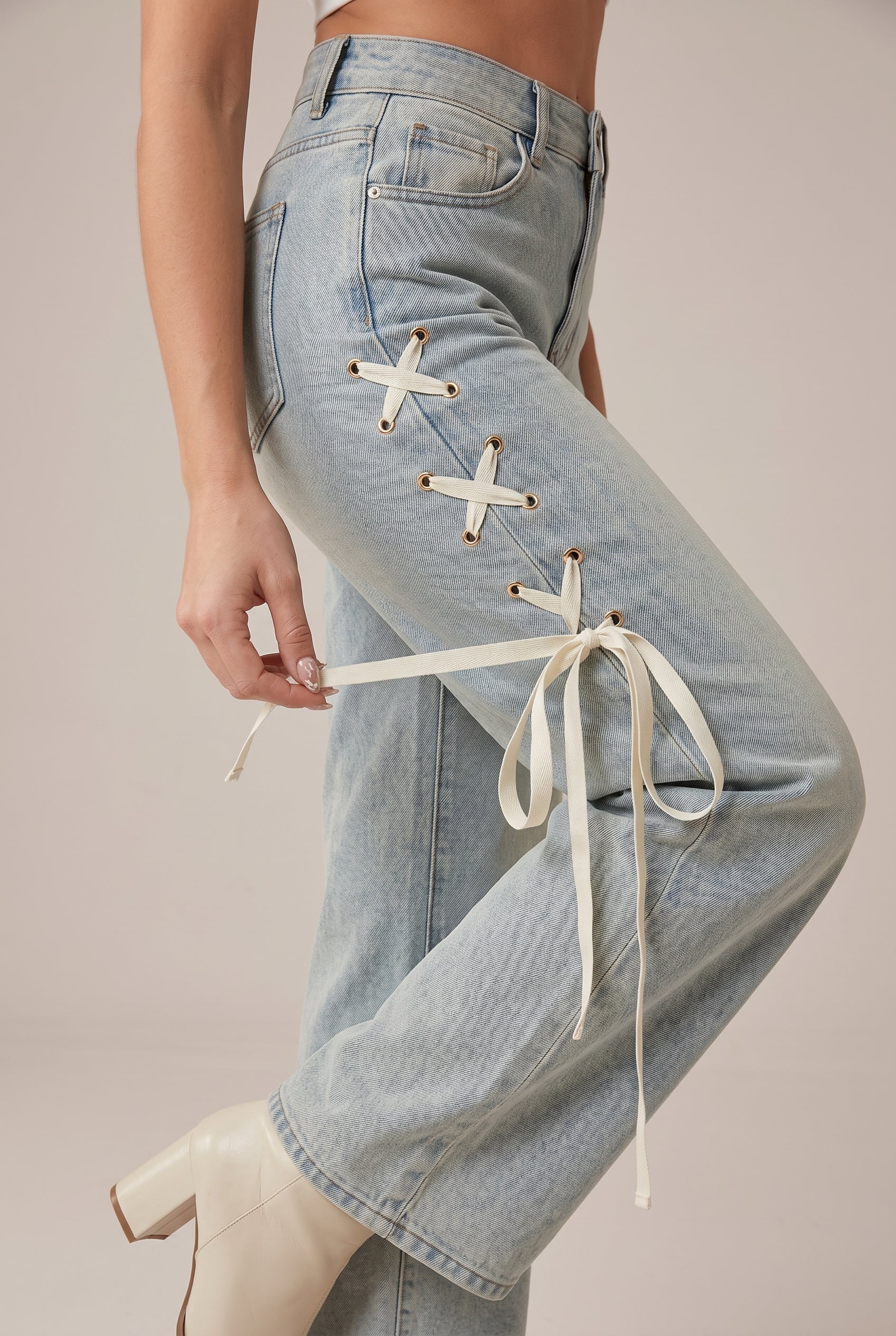 Women's Wide-Leg High-Waisted Denim Jeans – Straight Cut Stretch Denim with Side Ribbon Bow Detail