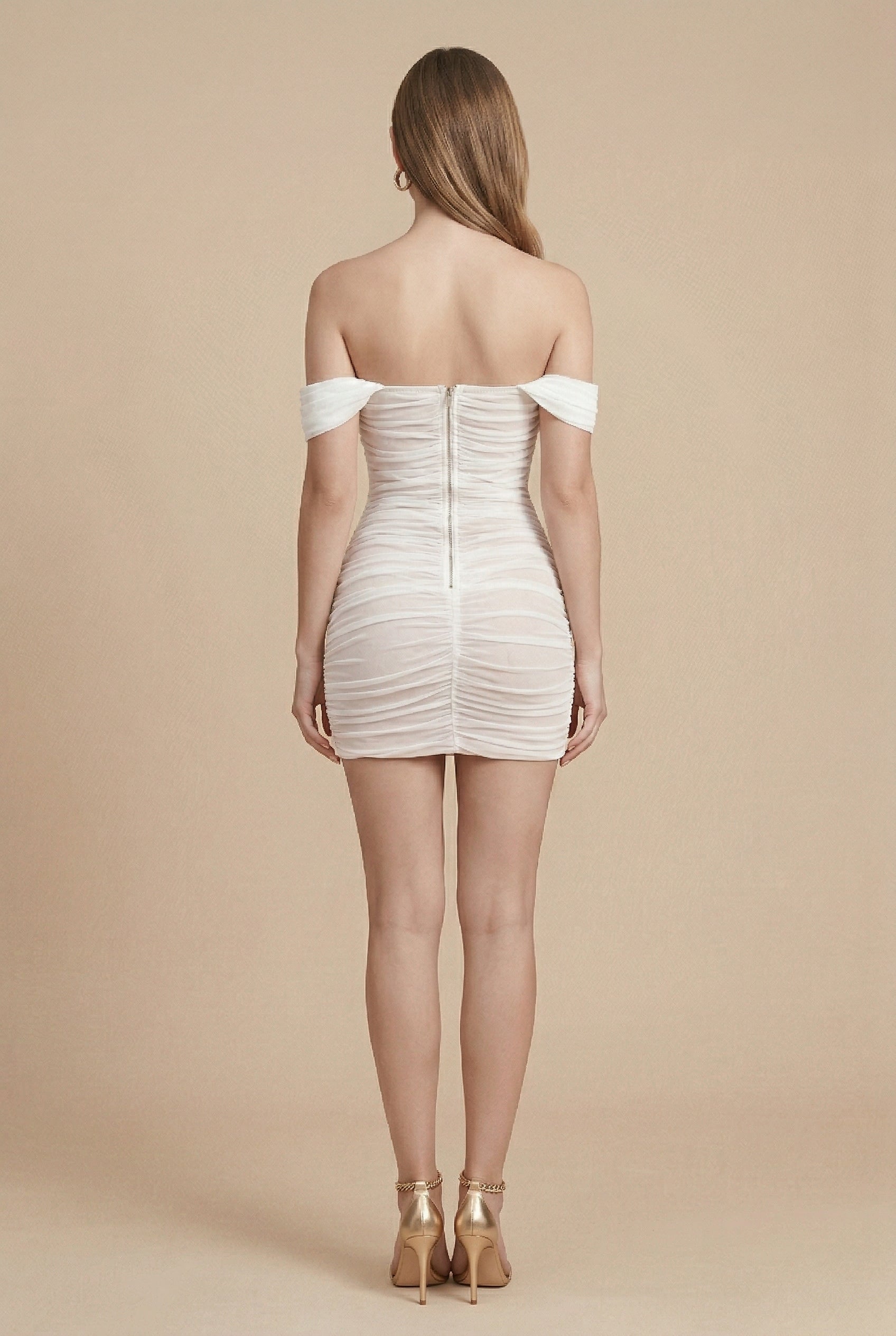 Women’s Off-Shoulder Pleated Mini Dress – Mesh Short Sleeve, Mid-Waist Pencil Fit