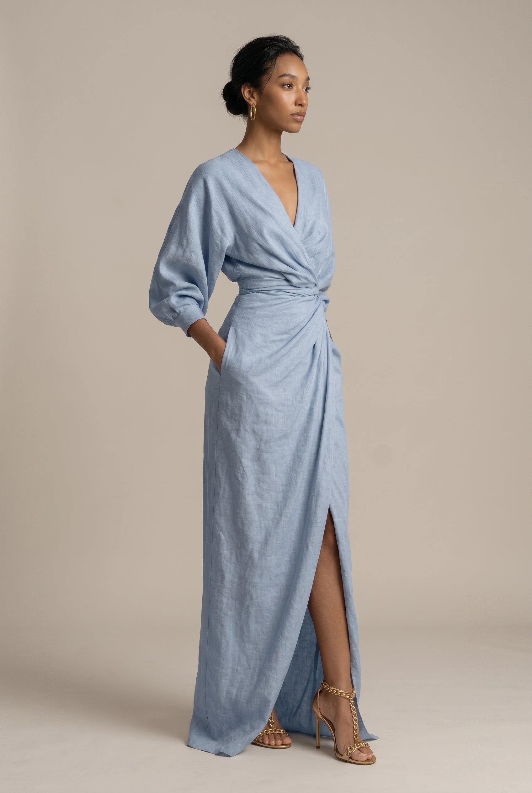 Women's V-Neck Belted Maxi Dress – Long Sleeve Side Slit Straight Skirt Formal Dress Luna Body Co