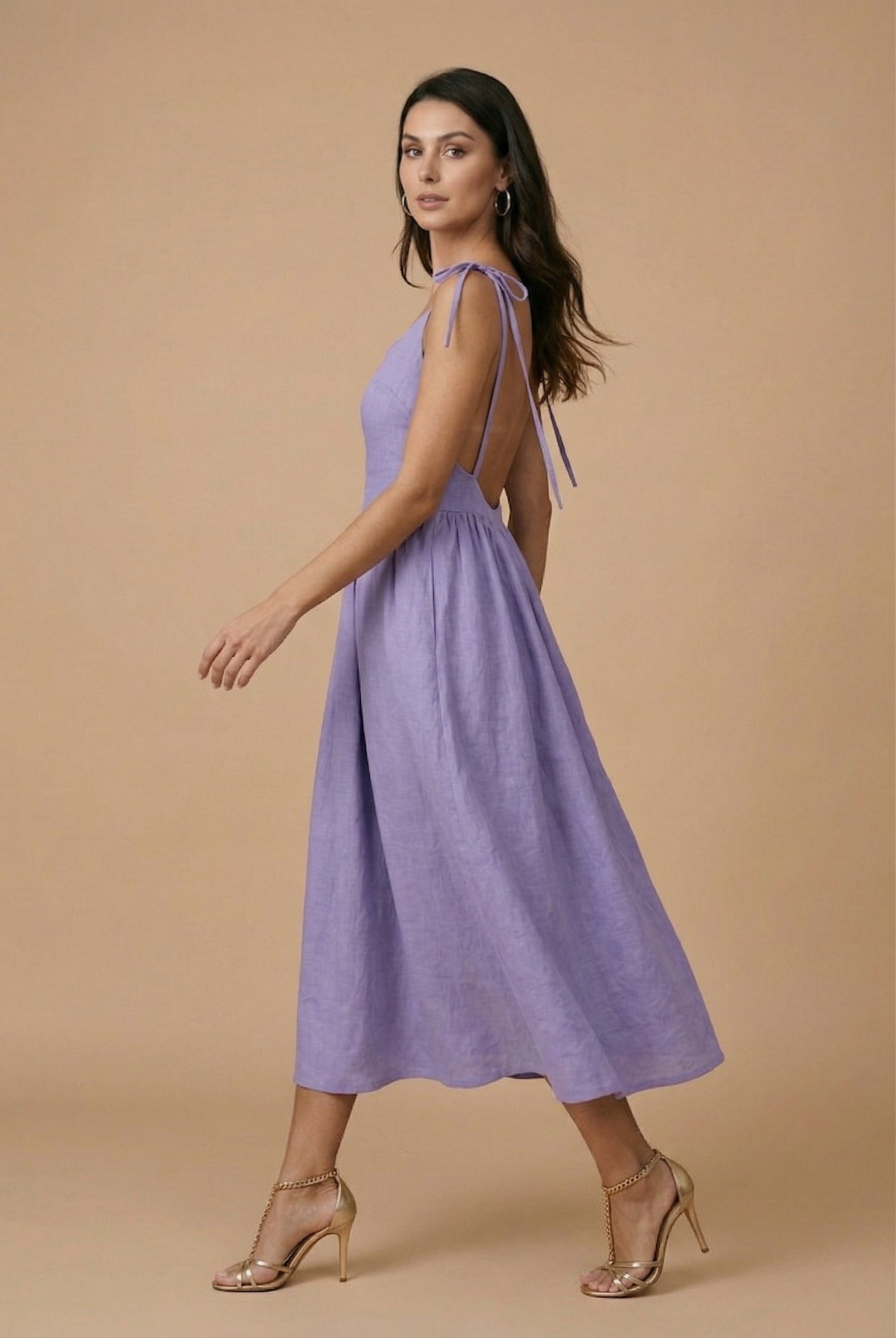 Women’s Cotton Linen Sleeveless Suspender Dress – High Waist, V-Neck, Tie Front