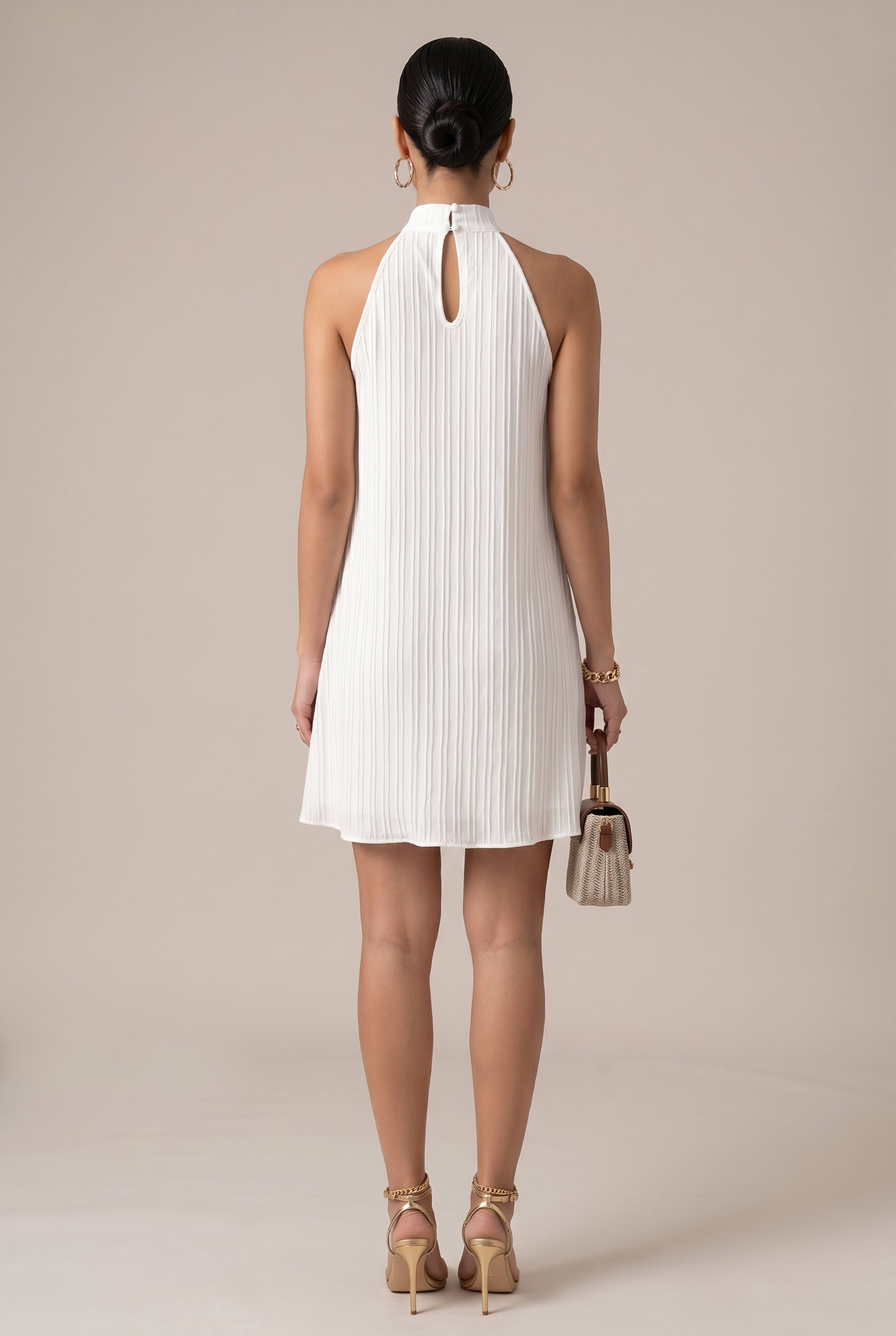 Women's Halter Neck Pleated A-Line Dress – Sleeveless Ice Cream Pastel Solid Color Midi Dress