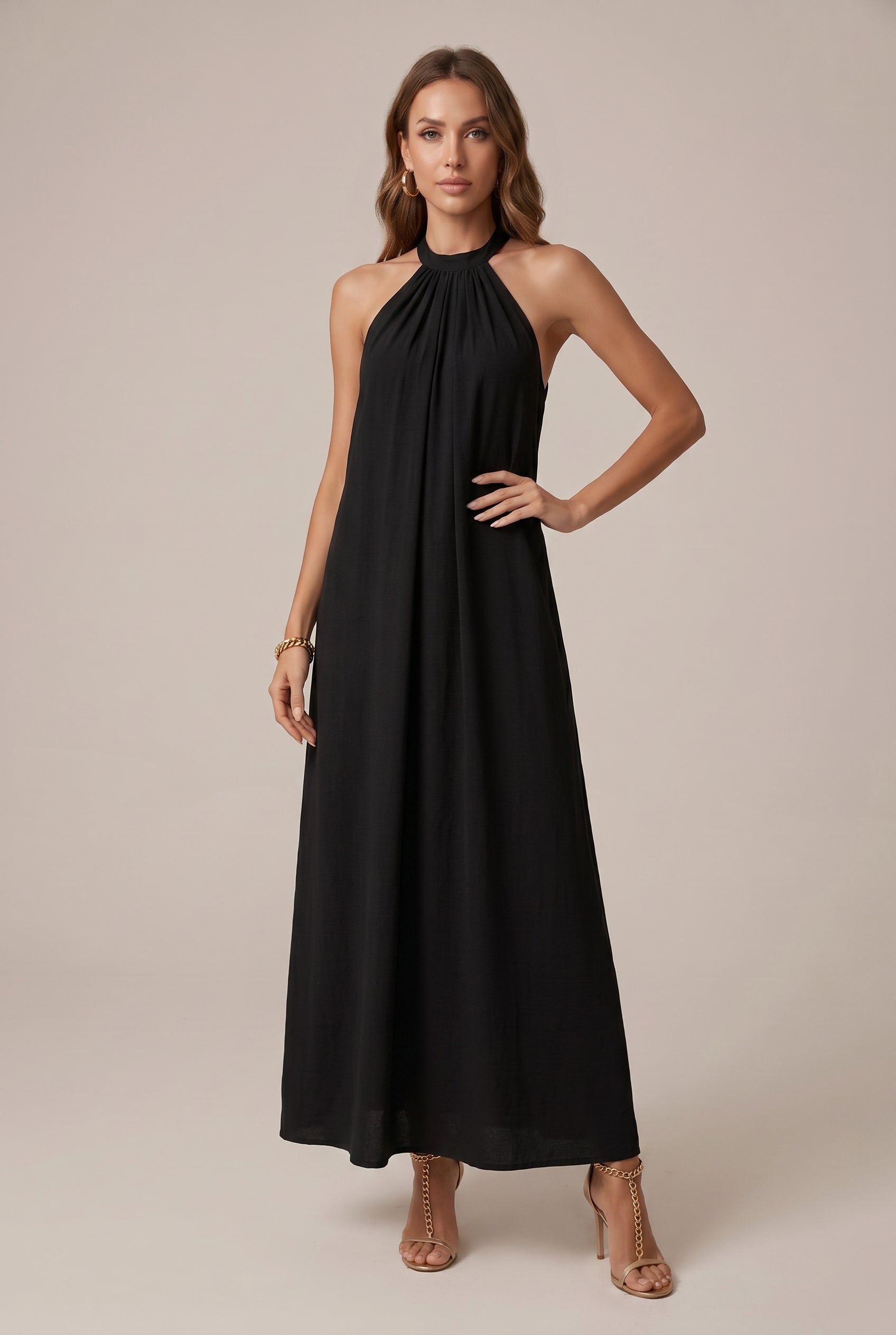 Women's Casual Solid Color Halter Neck Maxi Dress – Sleeveless Loose Fit Knit Long Slip Dress