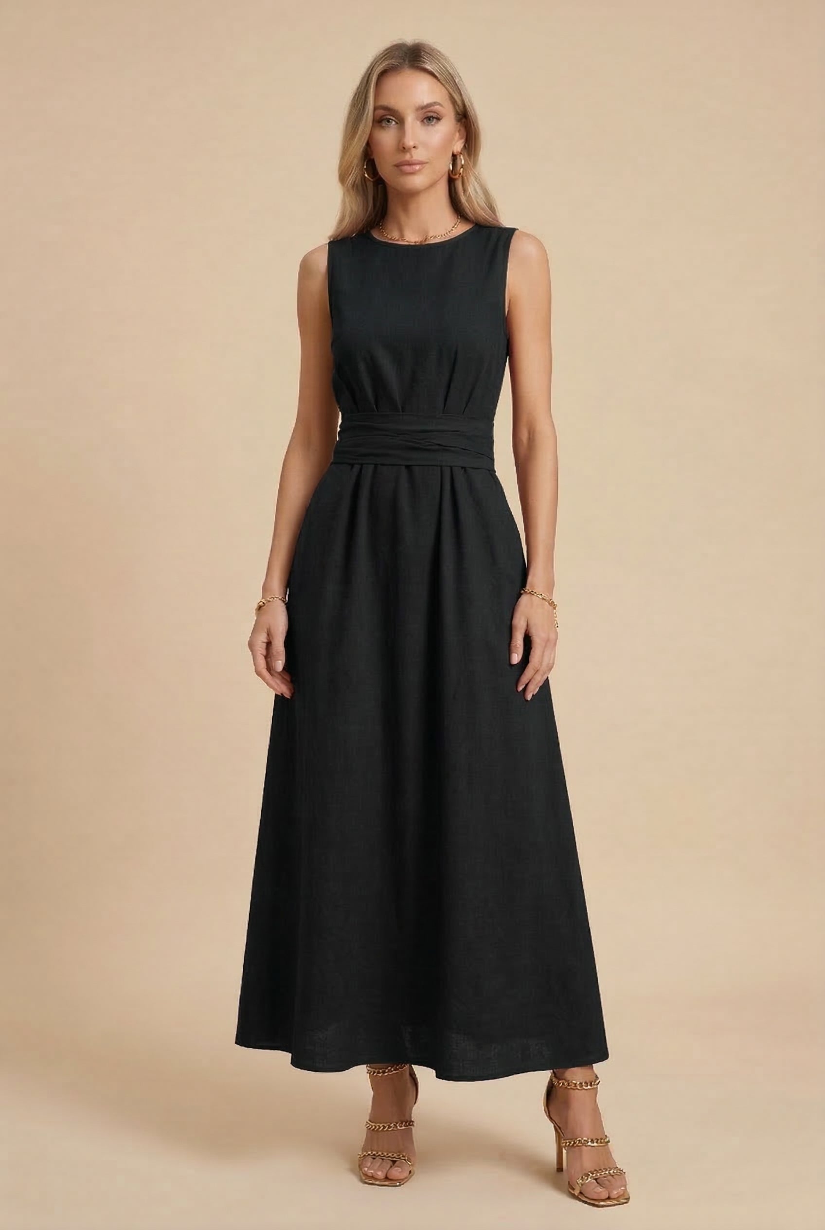 Women's Ice Silk Tie-Waist Sleeveless Dress