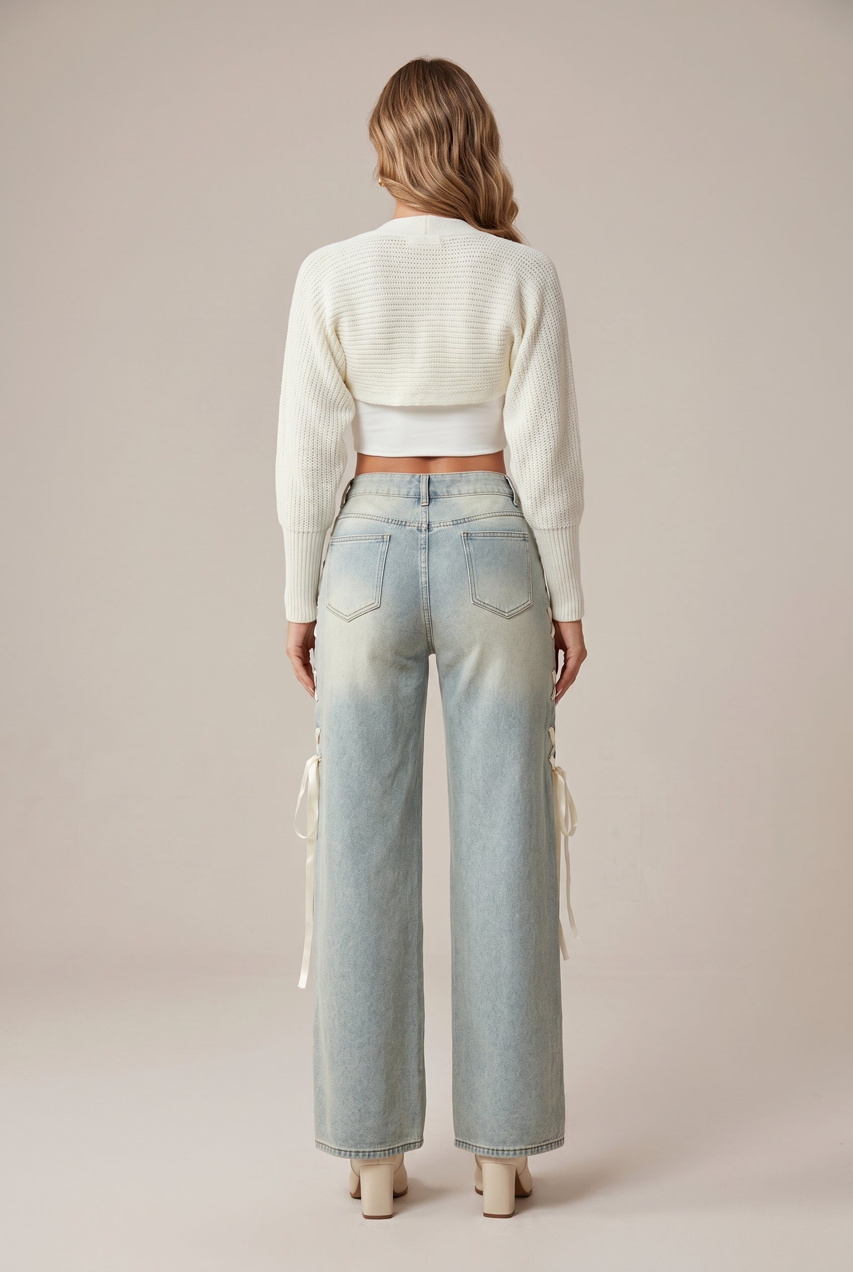 Women's Wide-Leg High-Waisted Denim Jeans – Straight Cut Stretch Denim with Side Ribbon Bow Detail