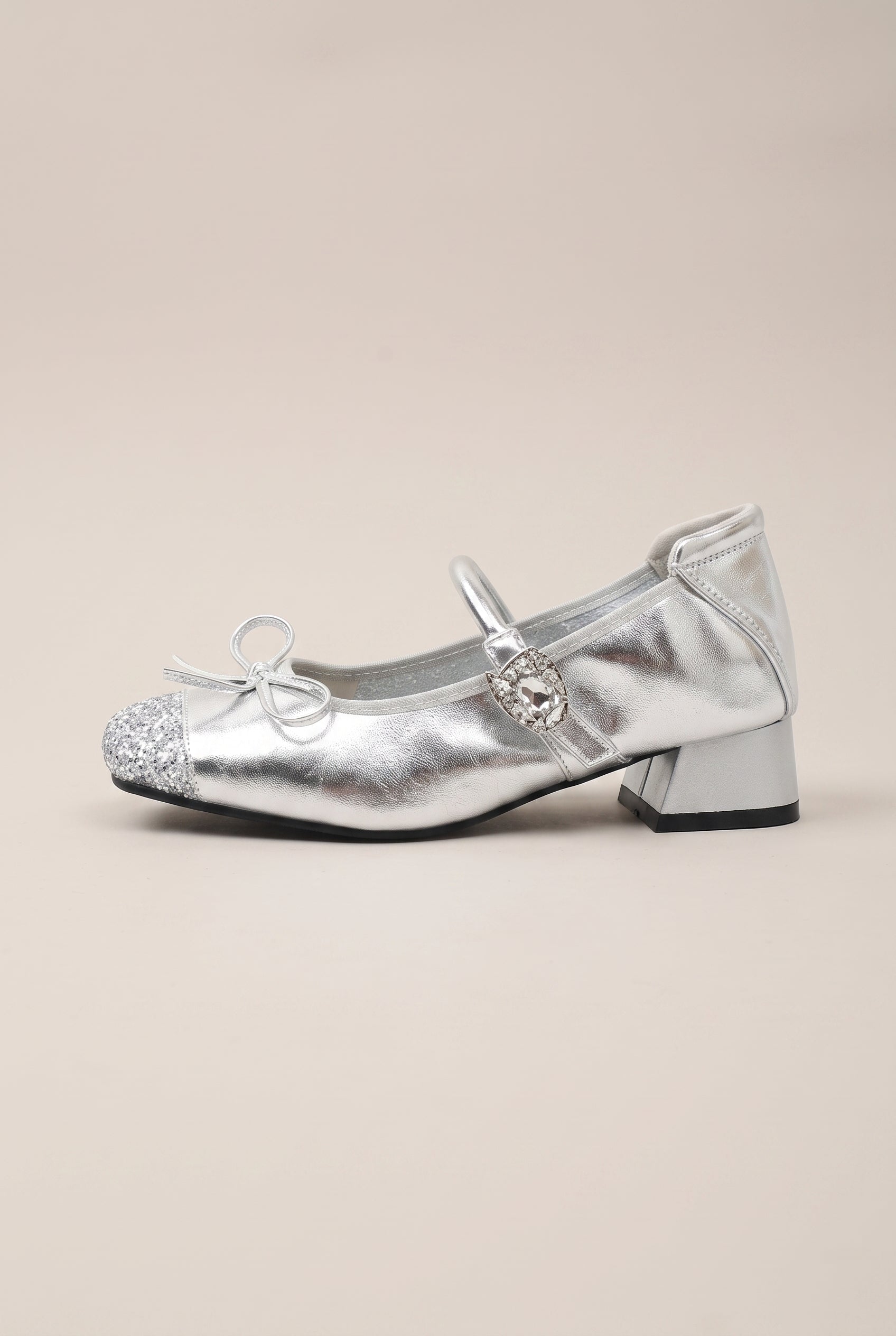 Crescent | Women's Ballet Rhinestone Bow Mary Jane Shoes Square-Toe Block Heel Satin Flats