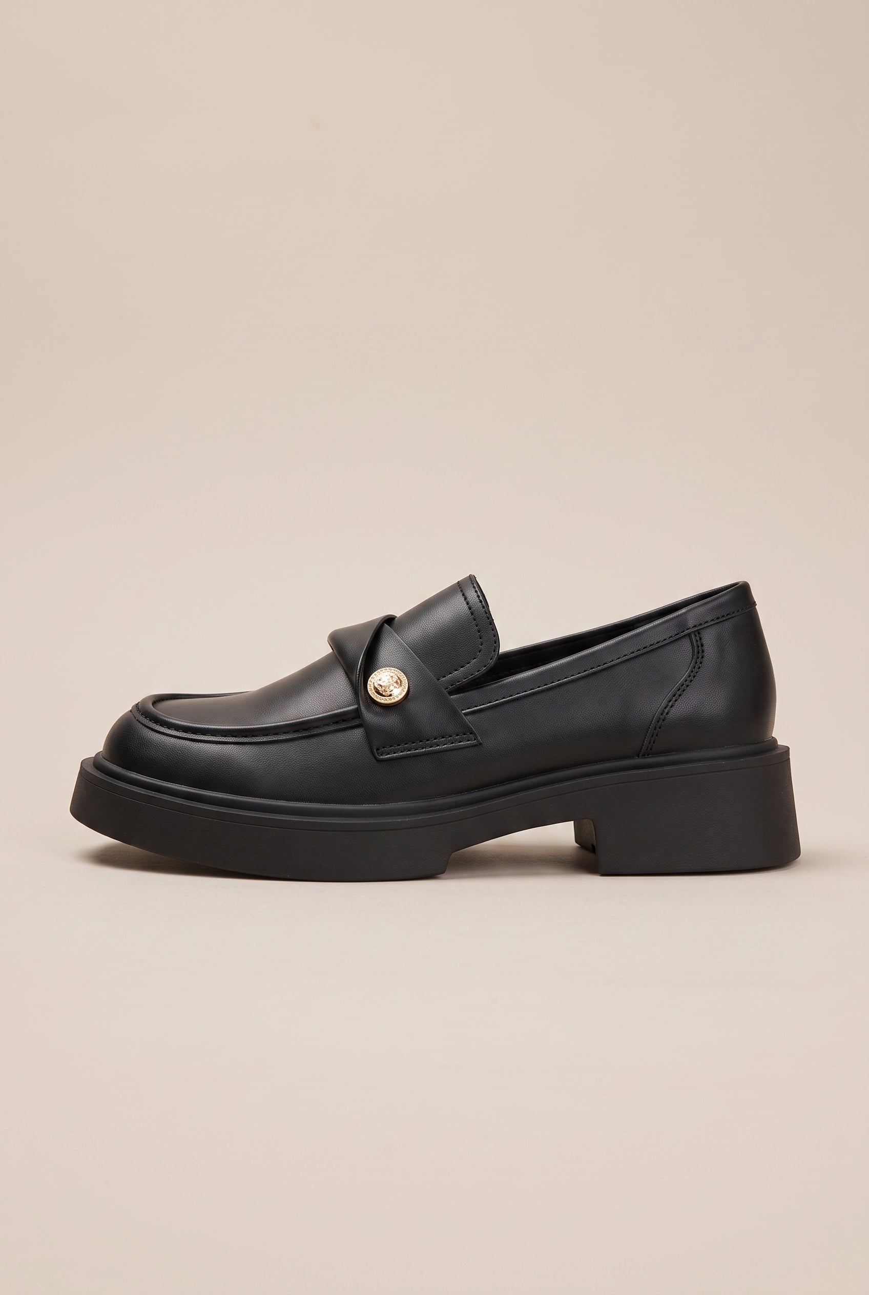 Crescent | French Gold Coin Loafers Chunky Heel Slip-On Round-Toe Leather Shoes