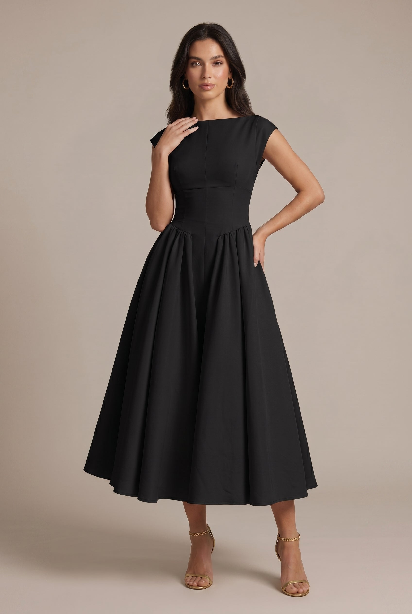 Women's Classic Open-Back Midi Dress – A-Line Waist-Cinching Sleeveless