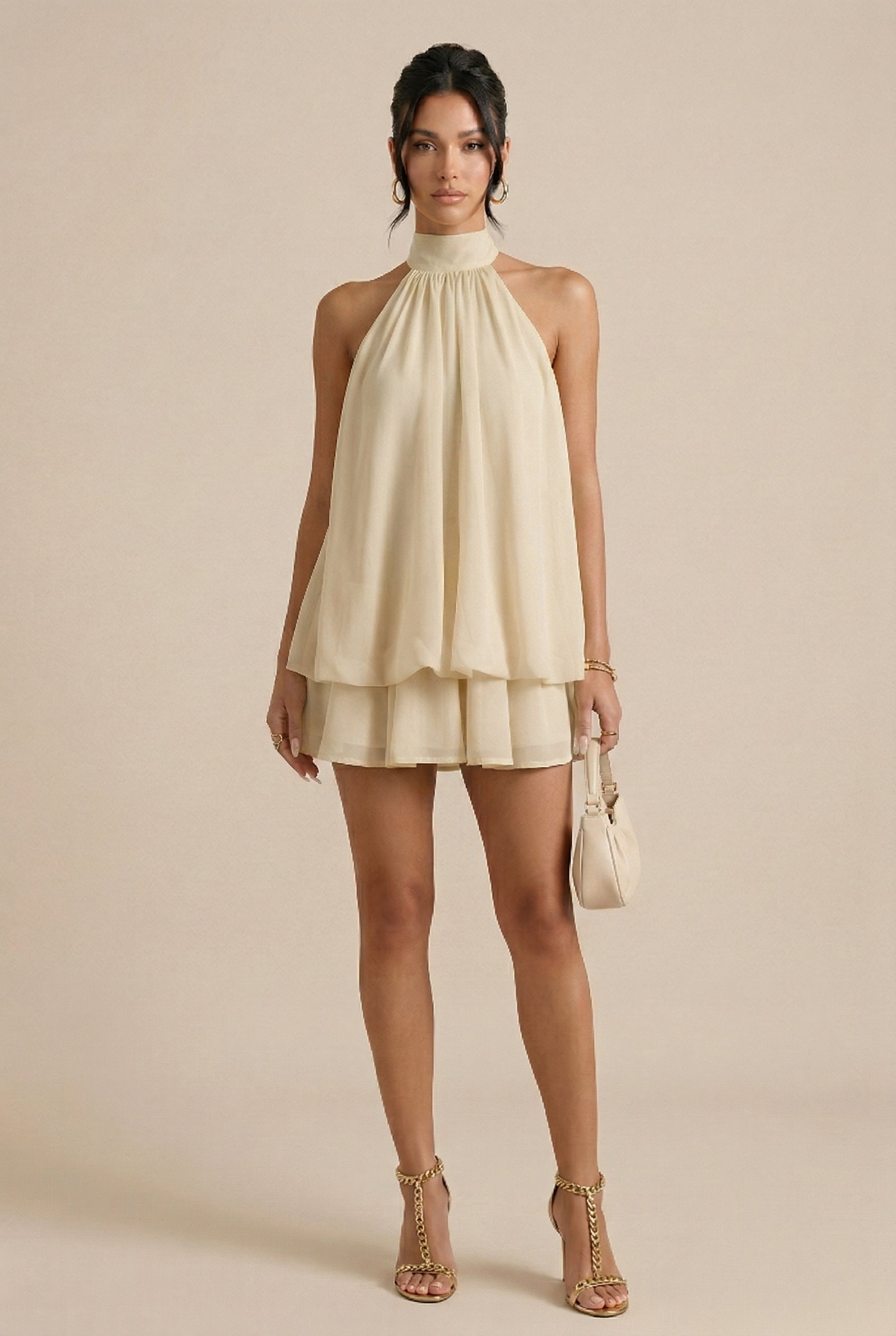 Women’s Halter Neck Backless Shruffled Dress – High Waist, A-Line Skirt, Sleeveless
