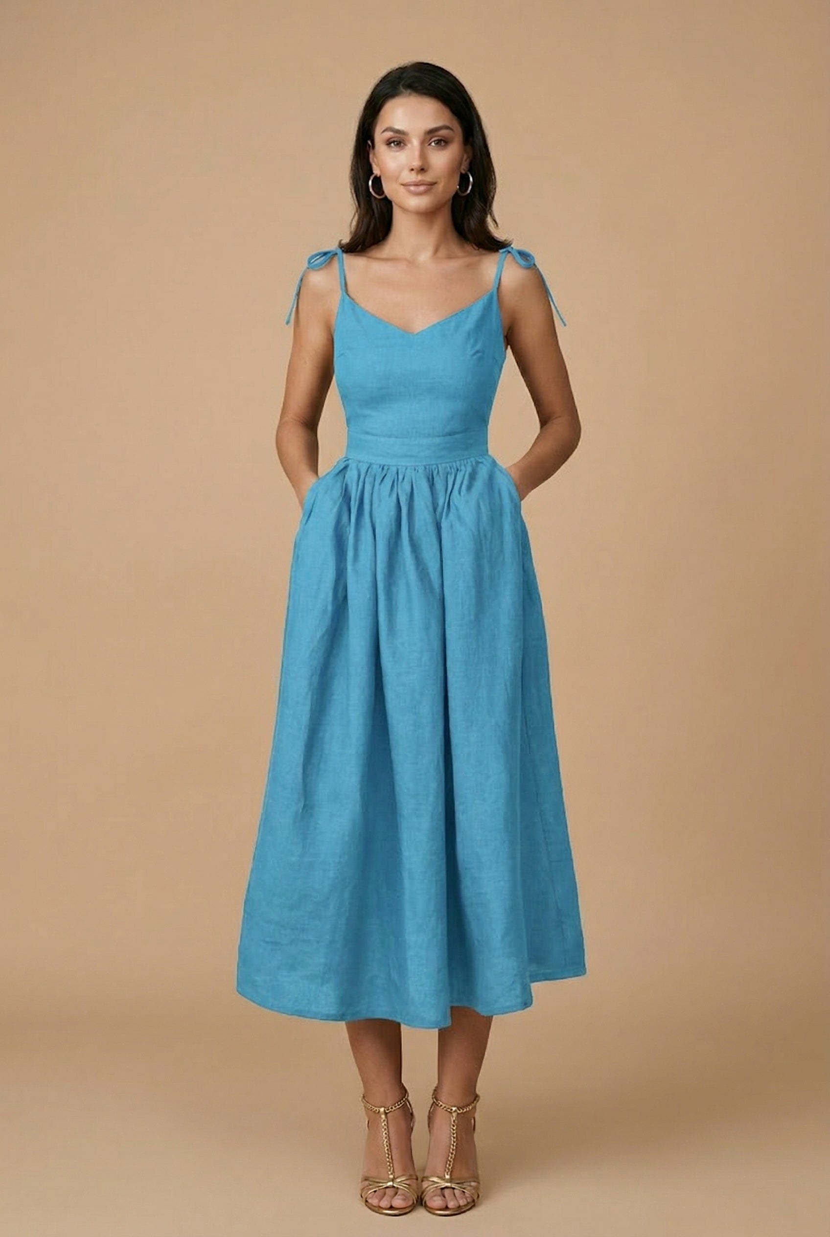 Women’s Cotton Linen Sleeveless Suspender Dress – High Waist, V-Neck, Tie Front