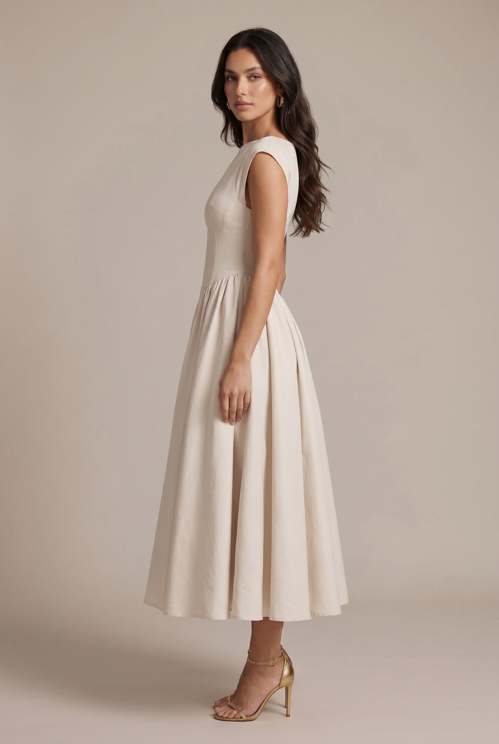 Women's Classic Open-Back Midi Dress – A-Line Waist-Cinching Sleeveless