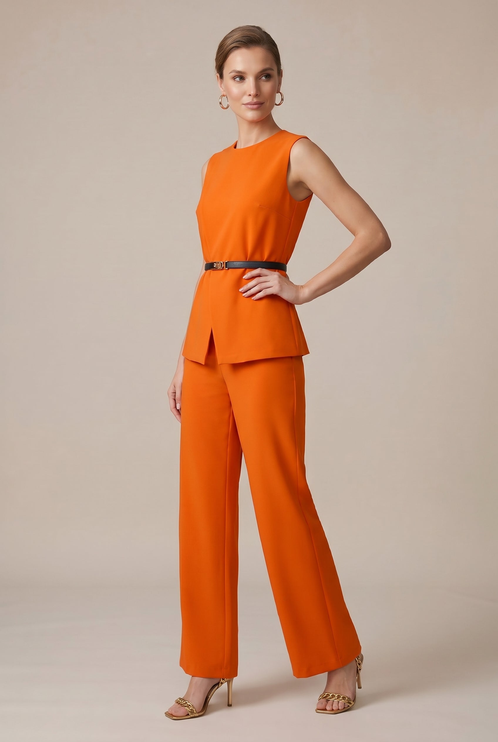 Women's Sleeveless Two-Piece Pants Suit – Casual Solid Color Elastic Waist Top & Full-Length Trousers Set