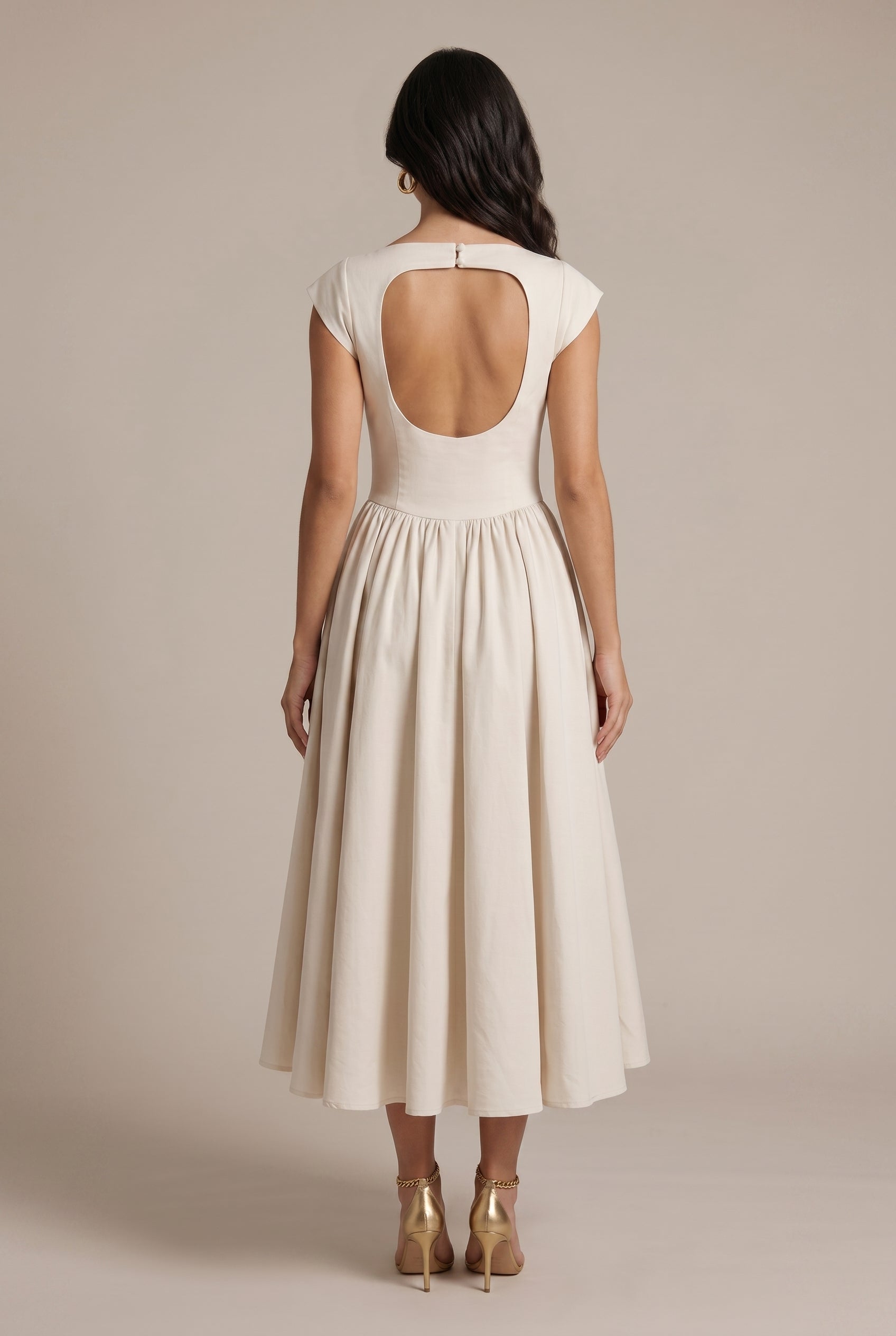 Women's Classic Open-Back Midi Dress – A-Line Waist-Cinching Sleeveless