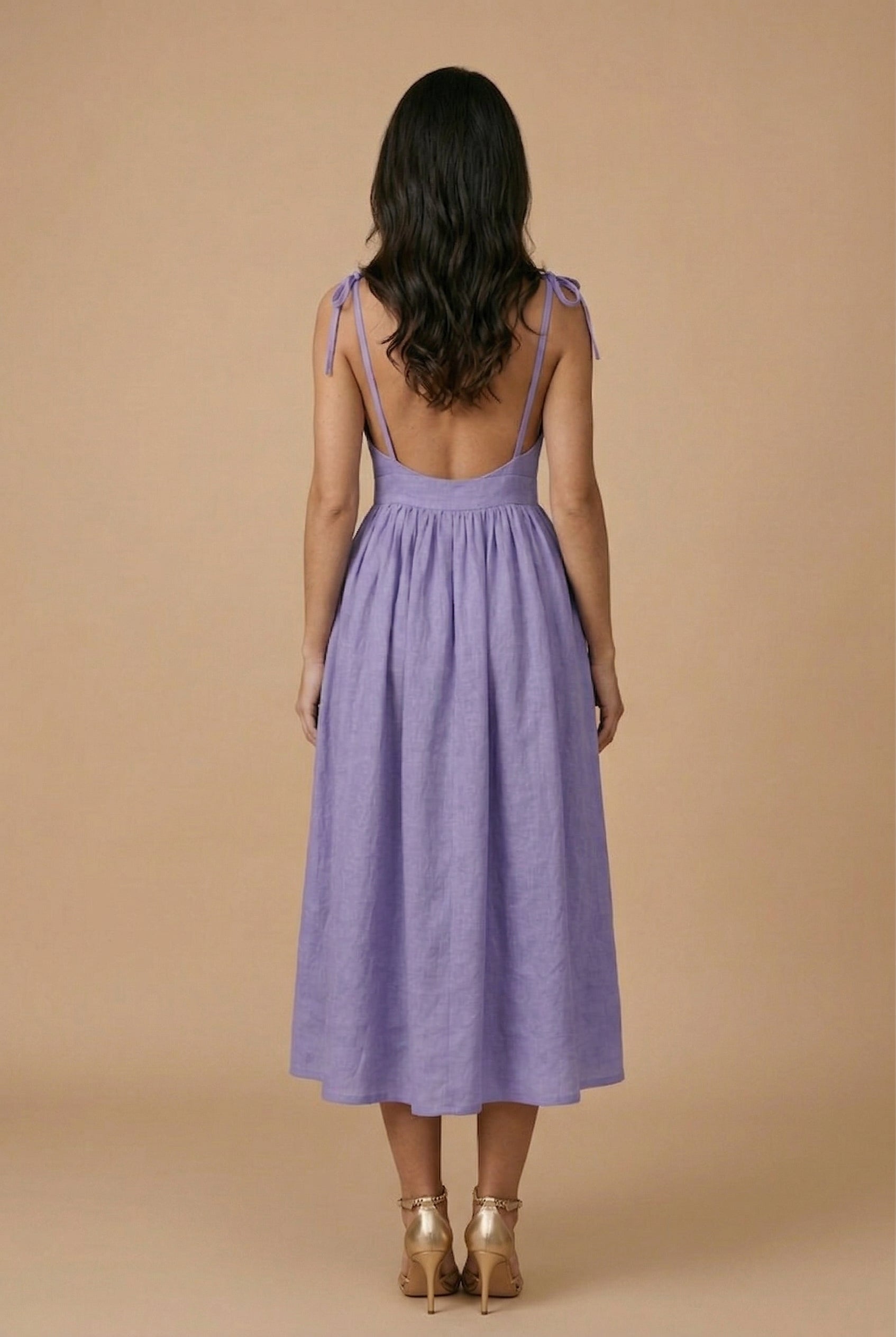 Women’s Cotton Linen Sleeveless Suspender Dress – High Waist, V-Neck, Tie Front