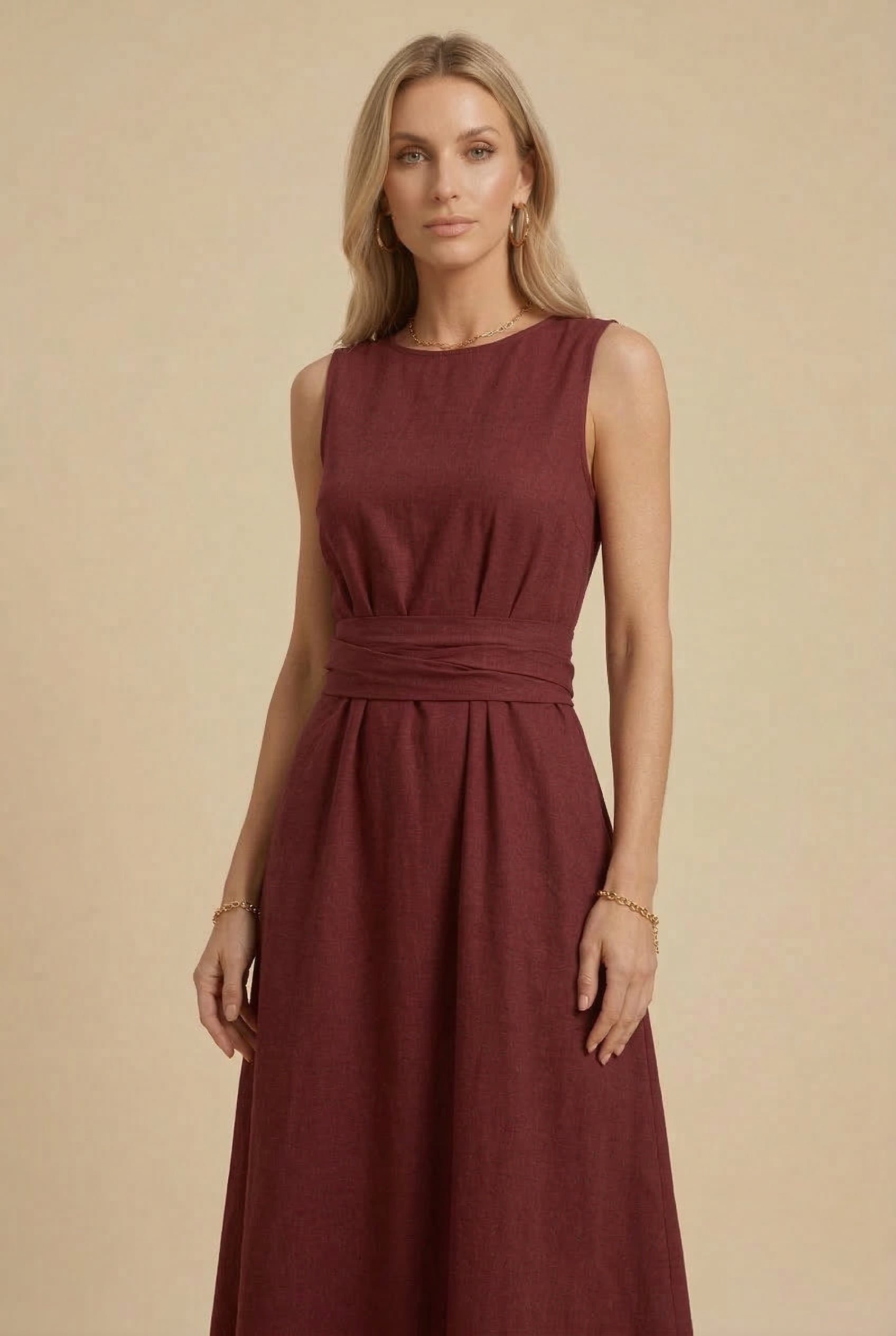 Women's Ice Silk Tie-Waist Sleeveless Dress