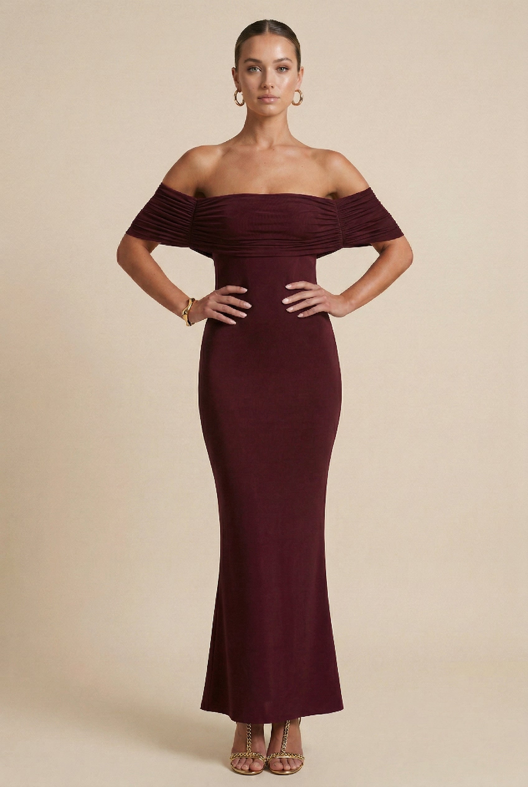 Women’s Off-the-Shoulder Bodycon Dress – Backless, Pleated Detailing, Slim Fit