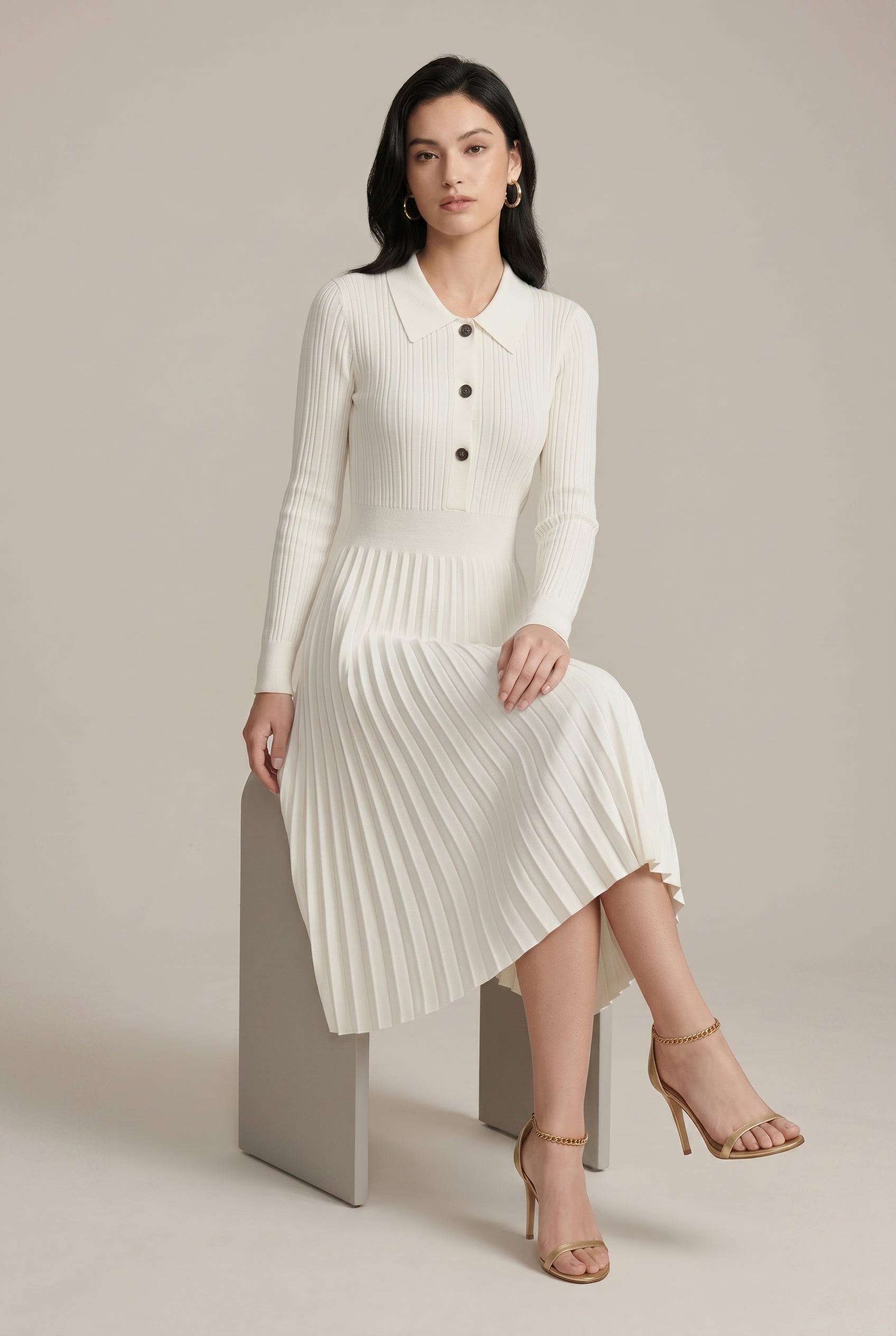 Women's French Style Knitted A-Line Midi Dress – Long Sleeve Peter Pan Collar Jacquard Dress Luna Body Co