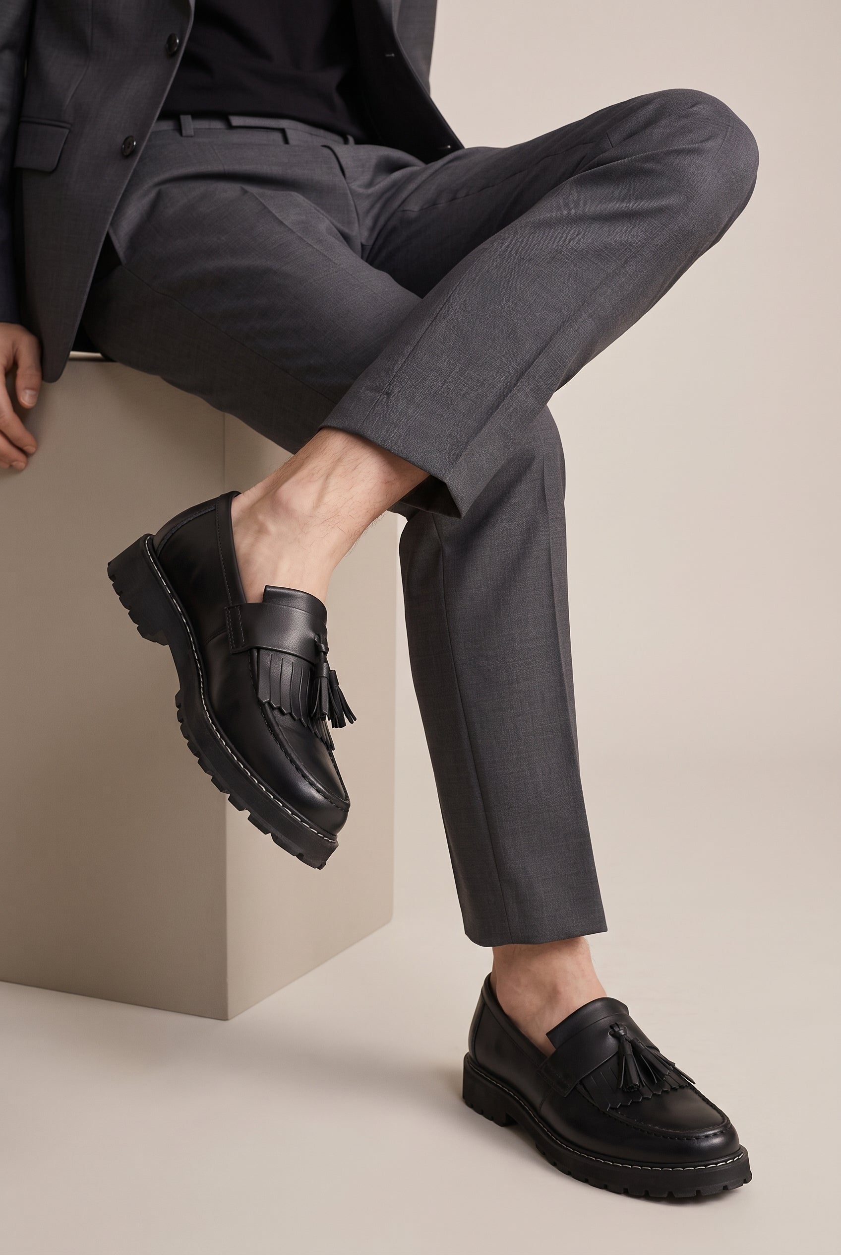 Perigee | Men's Leather Tassel Loafers Slip-On Wedge Round-Toe British Casual Shoes
