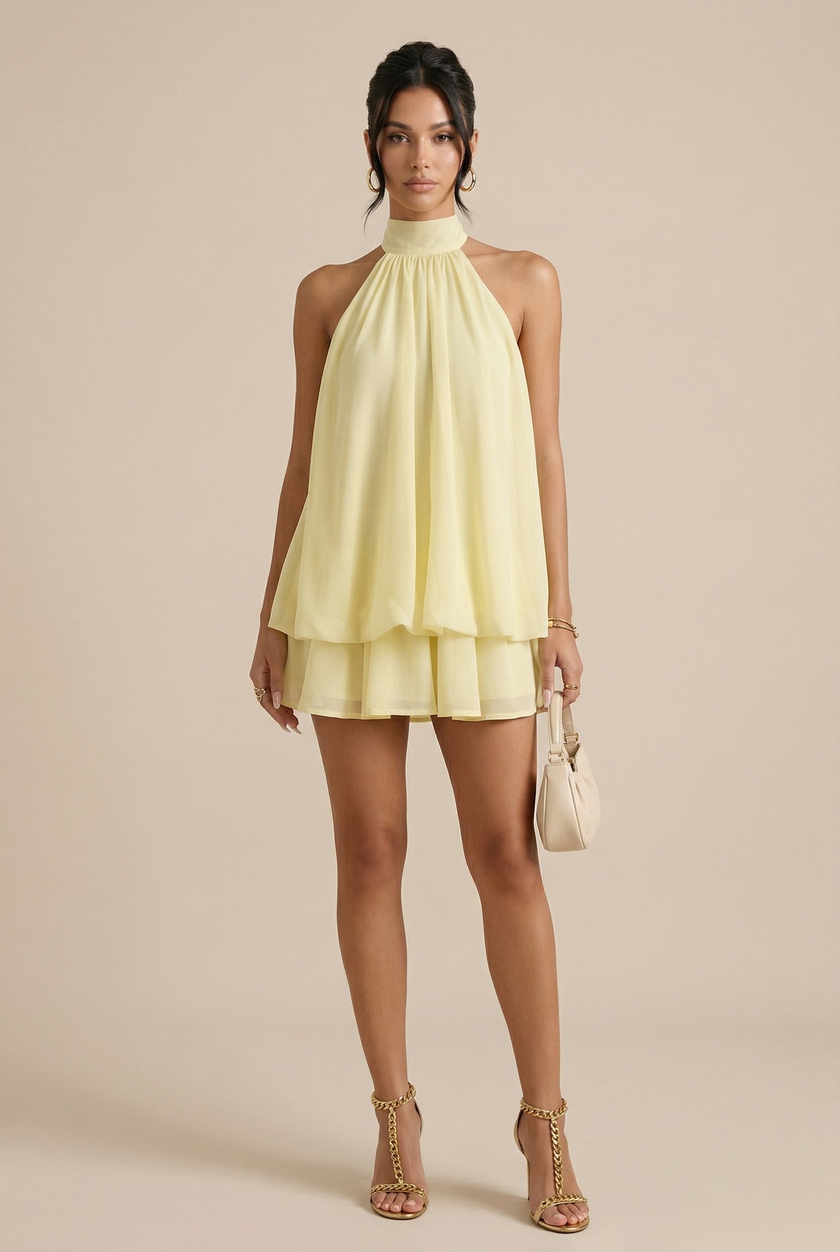 Women’s Halter Neck Backless Shruffled Dress – High Waist, A-Line Skirt, Sleeveless