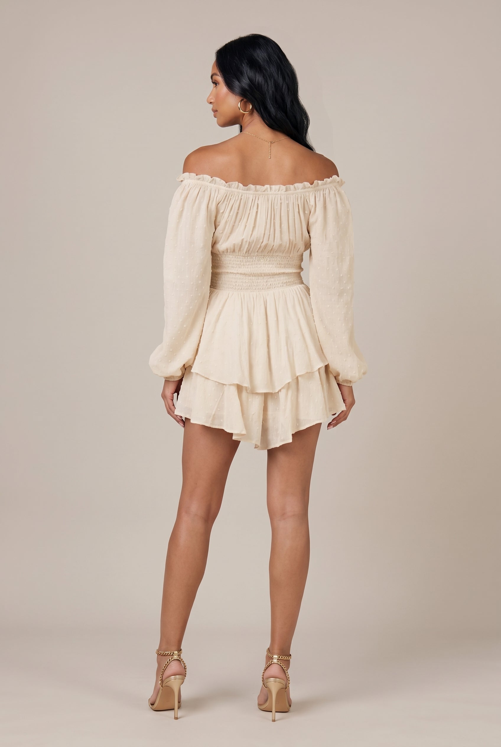 Women's Square Neck Ruffle Trim Mini Dress – Long Lantern Sleeve Loose Fit with Elastic Waist