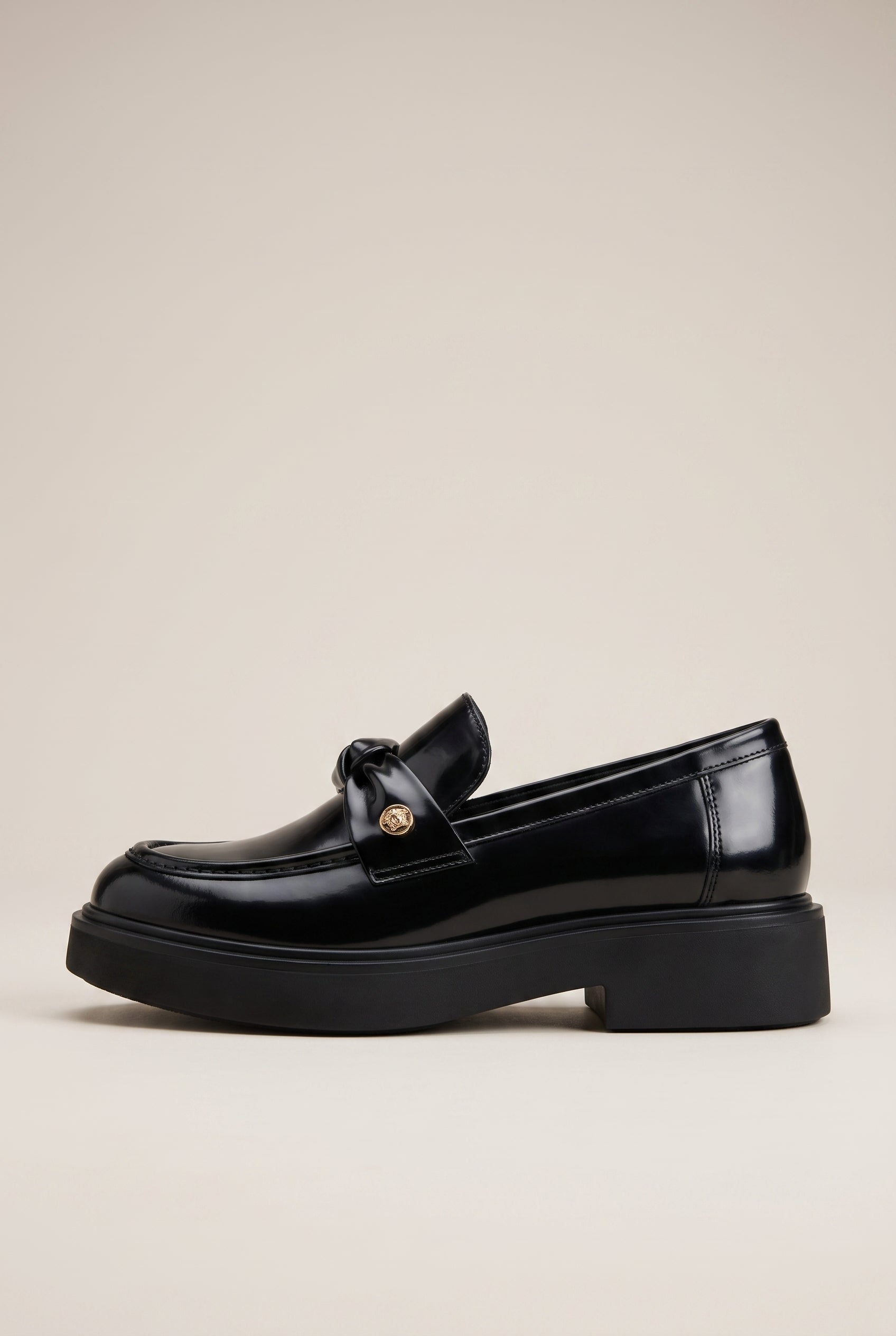 Crescent | French Gold Coin Loafers Chunky Heel Slip-On Round-Toe Leather Shoes