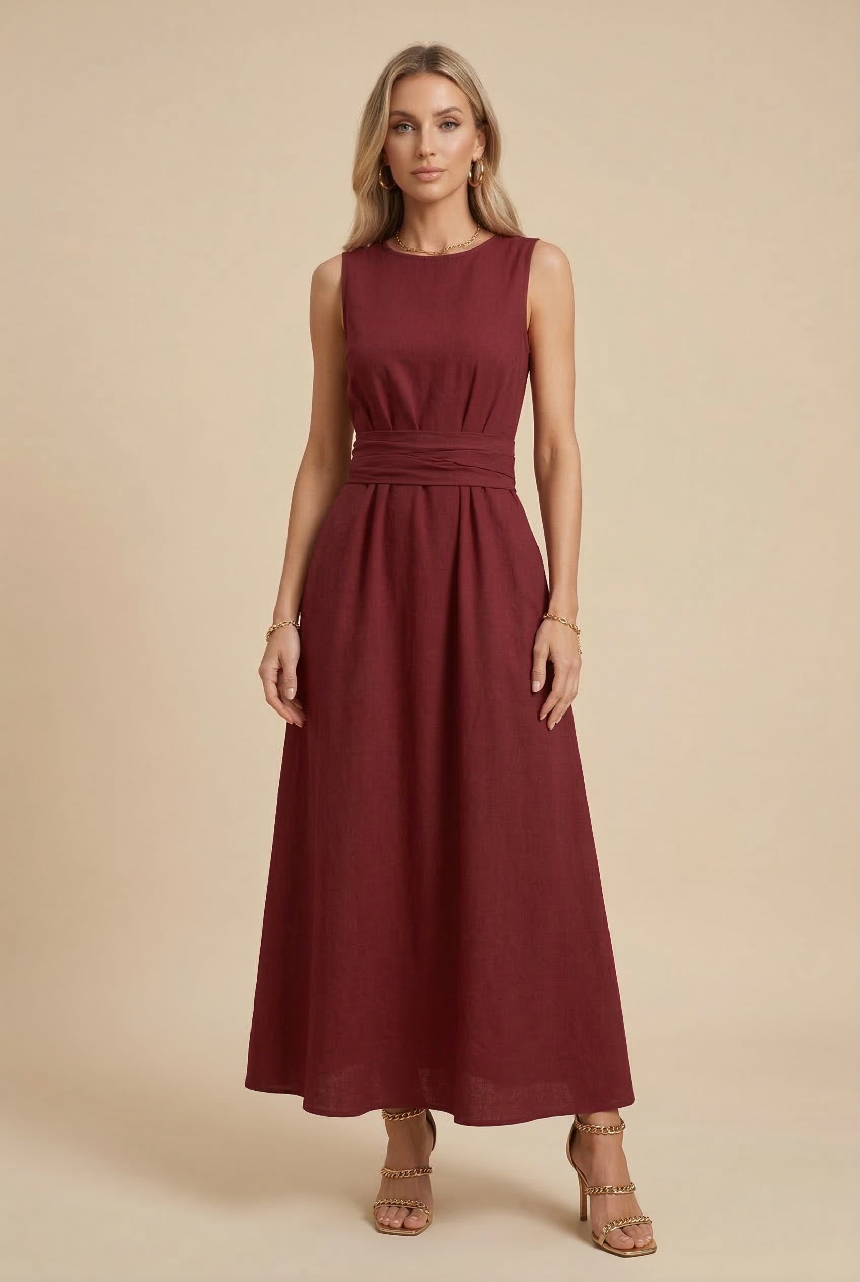 Women's Ice Silk Tie-Waist Sleeveless Dress