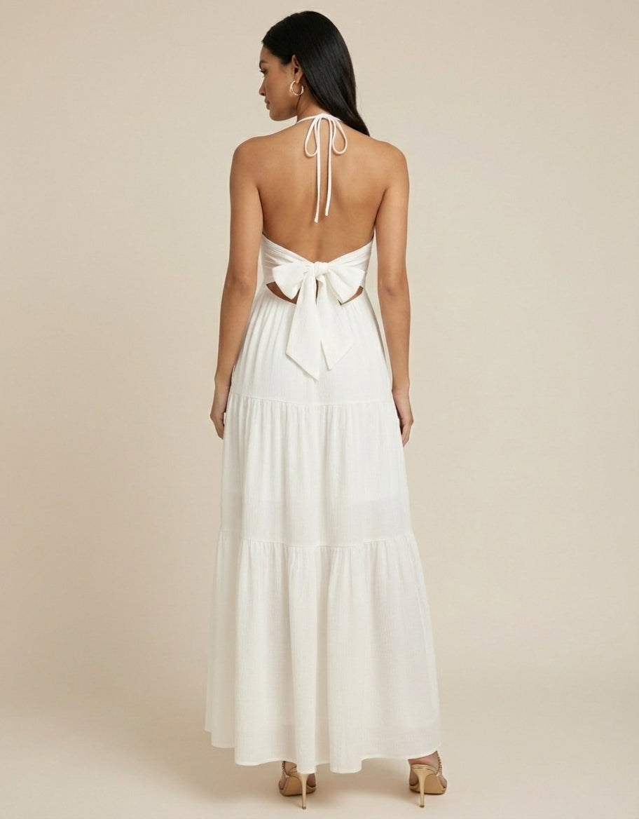 White Pleated V-Neck Sleeveless Dress