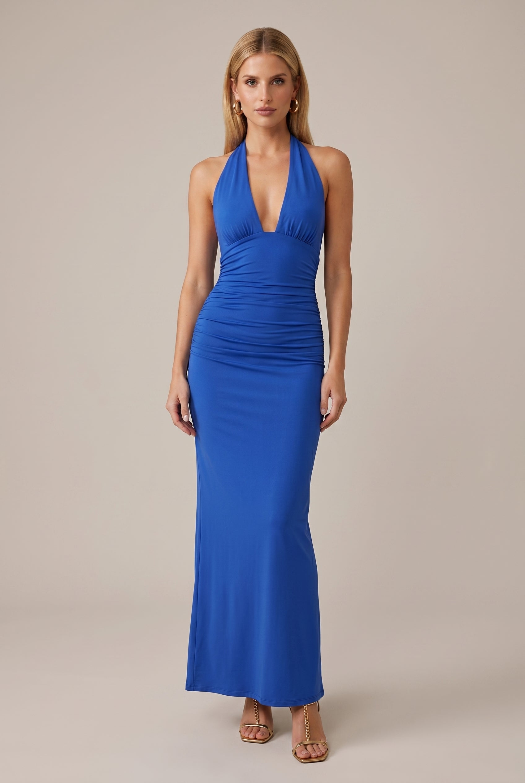 Women's Sleeveless V-Neck Backless Maxi Dress – A-Line Mid-Waist Milk Silk Adjustable Strap