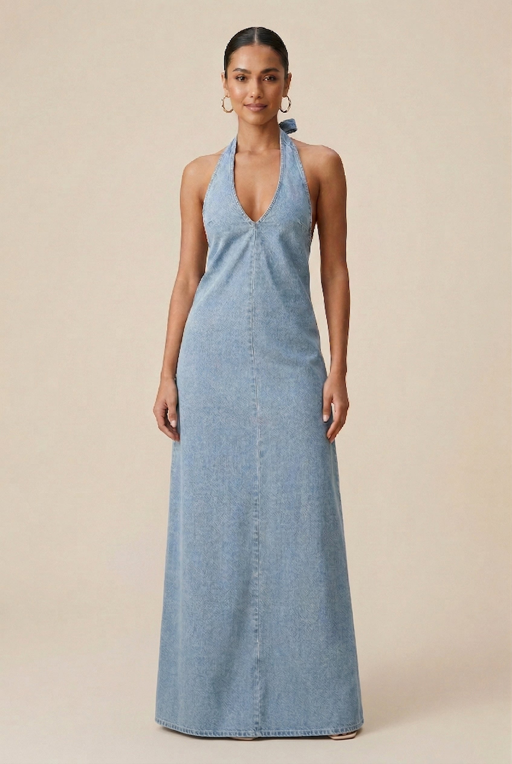 Women’s Halter Denim Maxi Dress – Sleeveless Button-Front