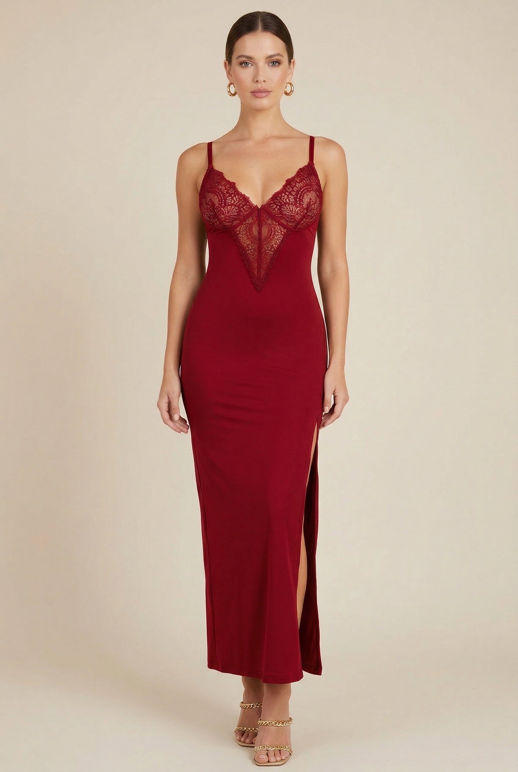 Elegant Deep-V Lace Maxi Dress with Built-In Shapewear