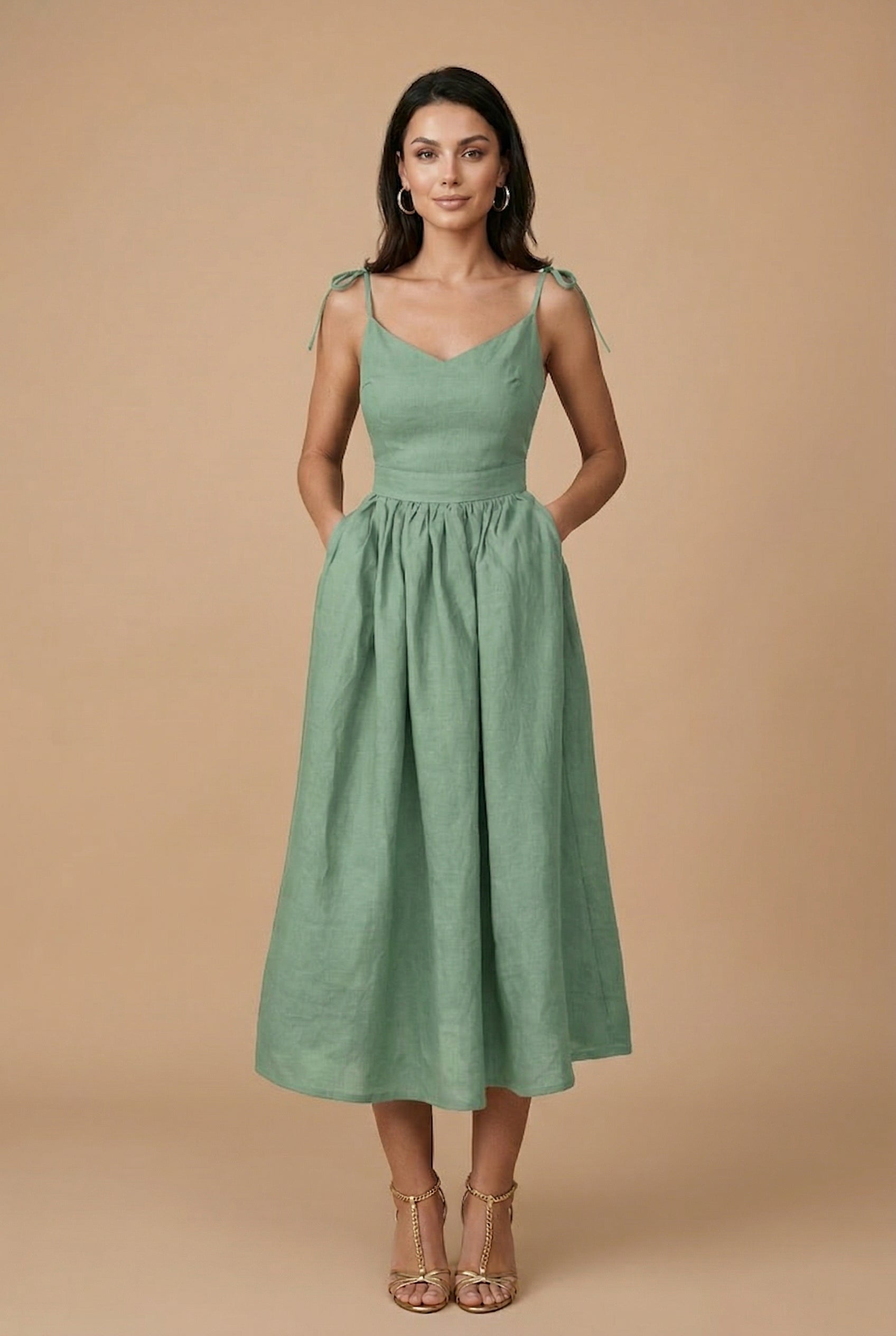 Women’s Cotton Linen Sleeveless Suspender Dress – High Waist, V-Neck, Tie Front