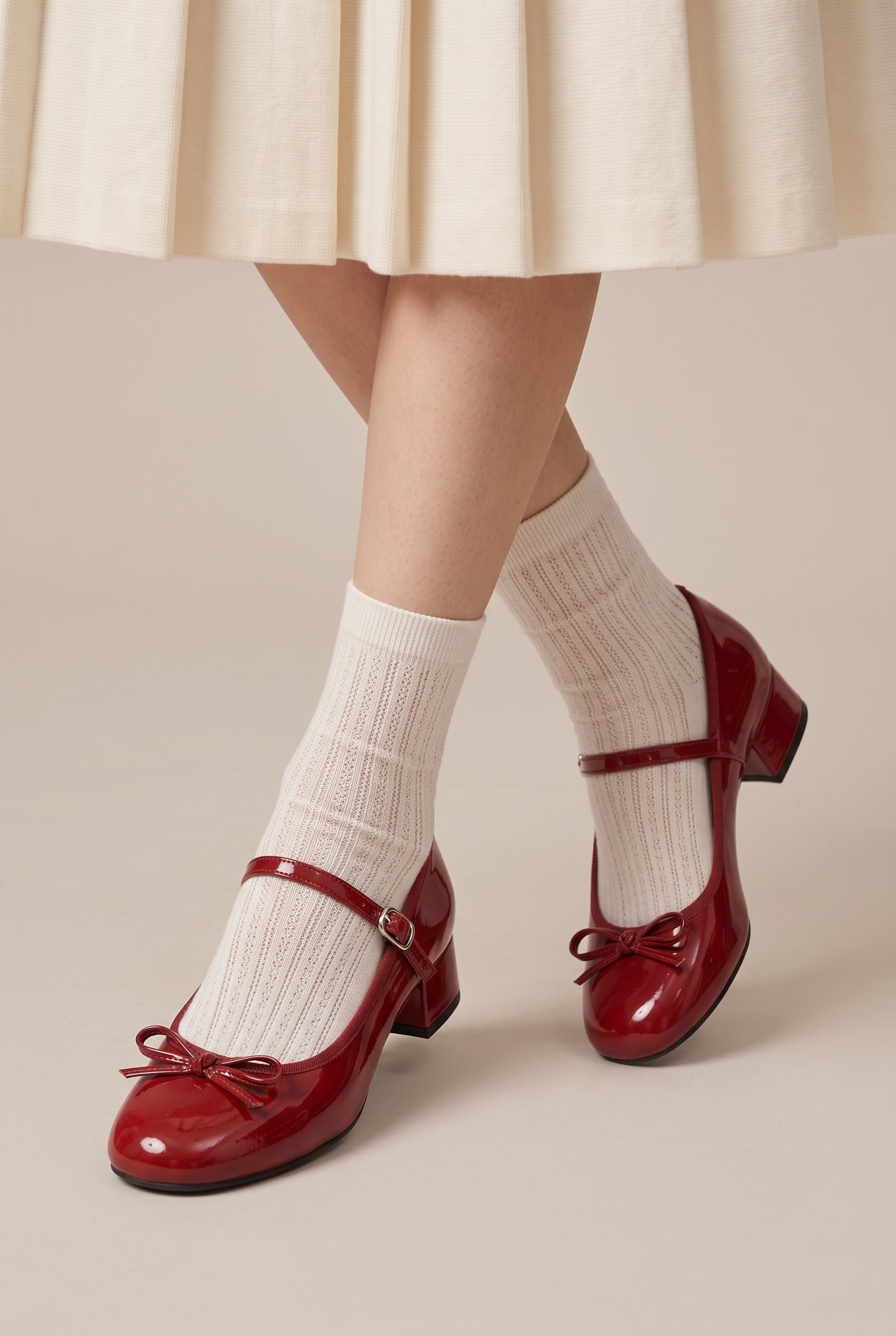 Crescent | French Bow Red Mary Jane Block Heel Round-Toe Buckle Shoes
